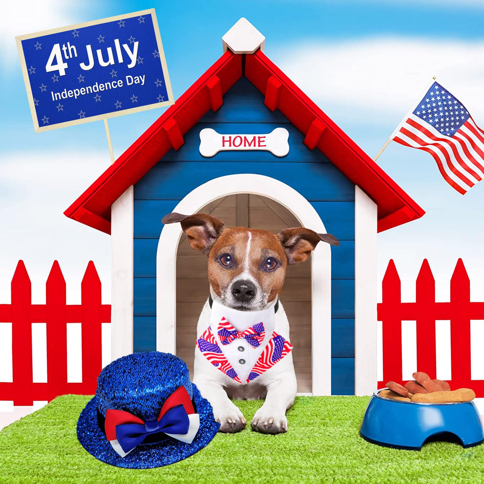 Independence Day Hundekostüm – American Flag Bandana Mit Fliege & Glitzernder Zylinder – Patriotisches Outfit Für 4. Juli & Partys