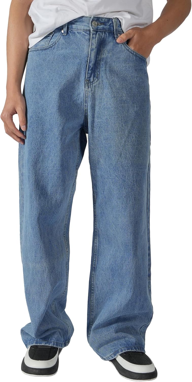 Plaid&Plain Men's Hip Hop Baggy Jeans Casual Wide Leg Y2k Skateboard Vintage Denim Pants Streetwear