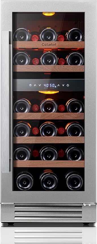Ca'Lefort 15 Inch Wine Fridge, 28 Bottle Wine Cooler Refrigerator, 40-65°F Wine Refrigerator Glass Door, 3 LED Dual Zone Wine Fridge, Built-in or Freestanding Fridge for Home/Bar/Kitchen (3.0 cu.ft)