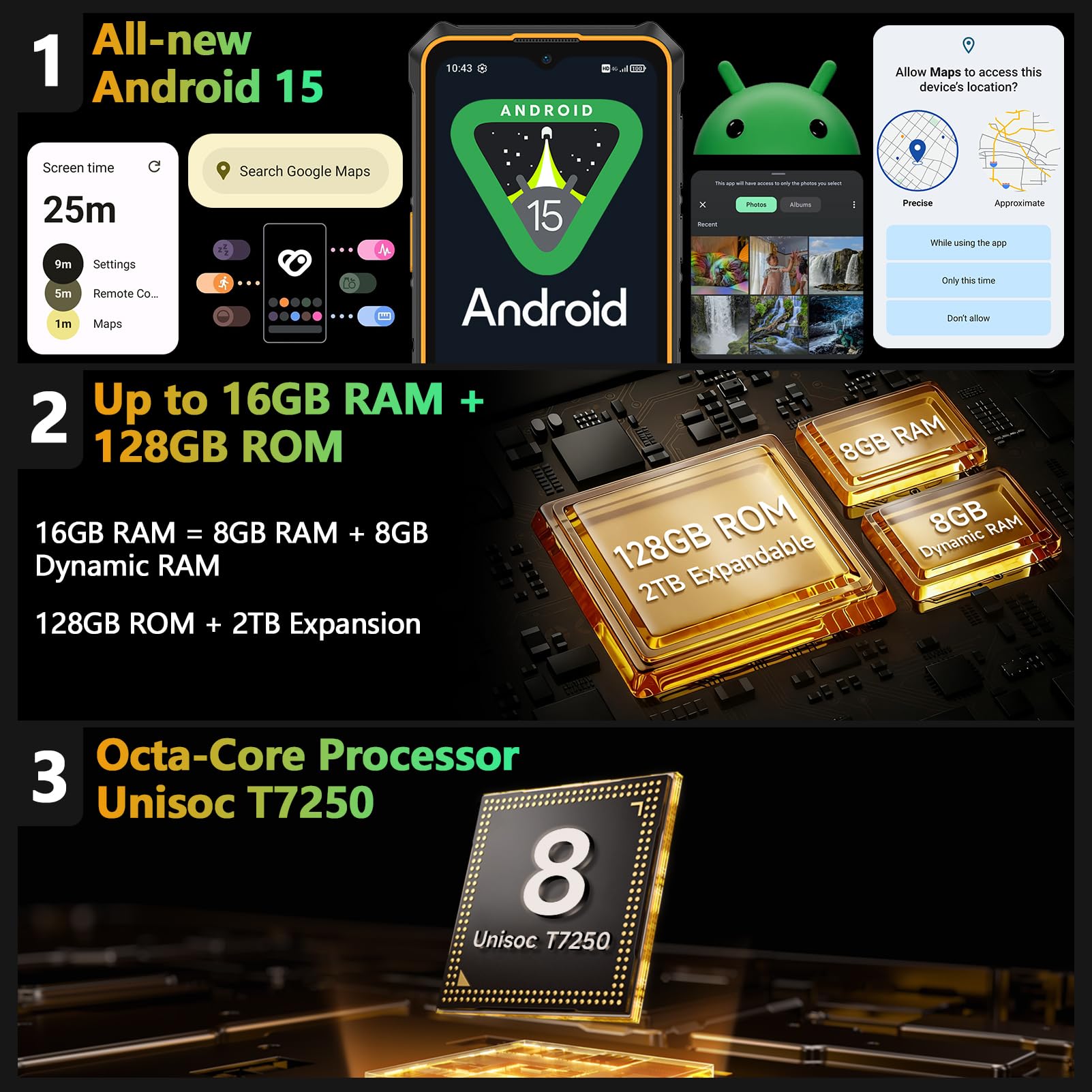 Ulefone RugKing 3 Pro Cellulare Android 15, 5700mAh AI Rugged Smartphone 16GB+128GB/SD-2TB, Octa-Core 48MP+8MP Telefono Impermeabile 6.56" 120Hz, 120LM Super Torcia/3-Slots/OTG/NFC/GPS Orange