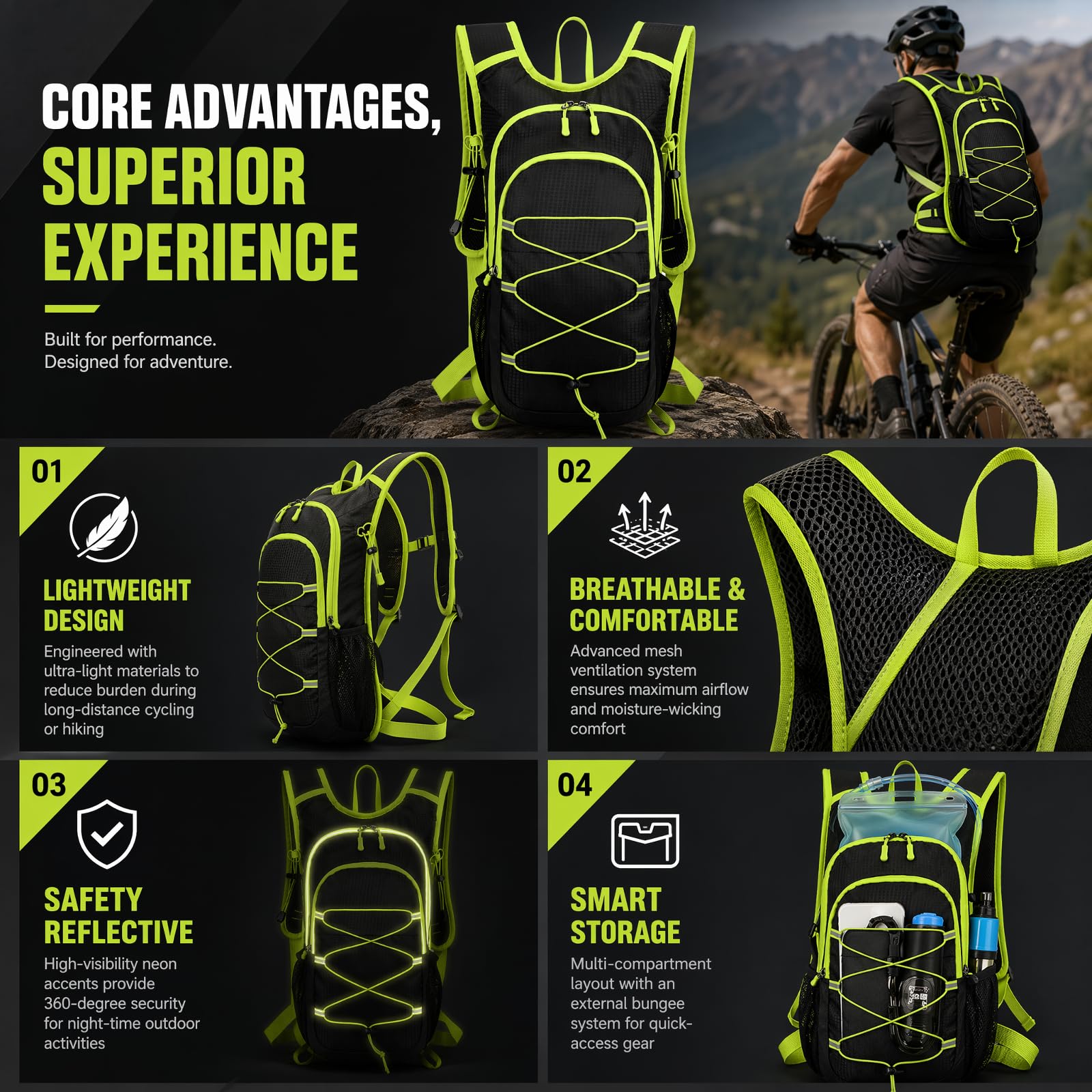 Zaino Bici 20L Leggero Uomo Donna, Zaino Escursionismo Robusto Impermeabile con Sistema di Ventilazione, Zaino Sportivo Outdoor Multifunzionale per Jogging, Escursionismo, Alpinismo (Verde)