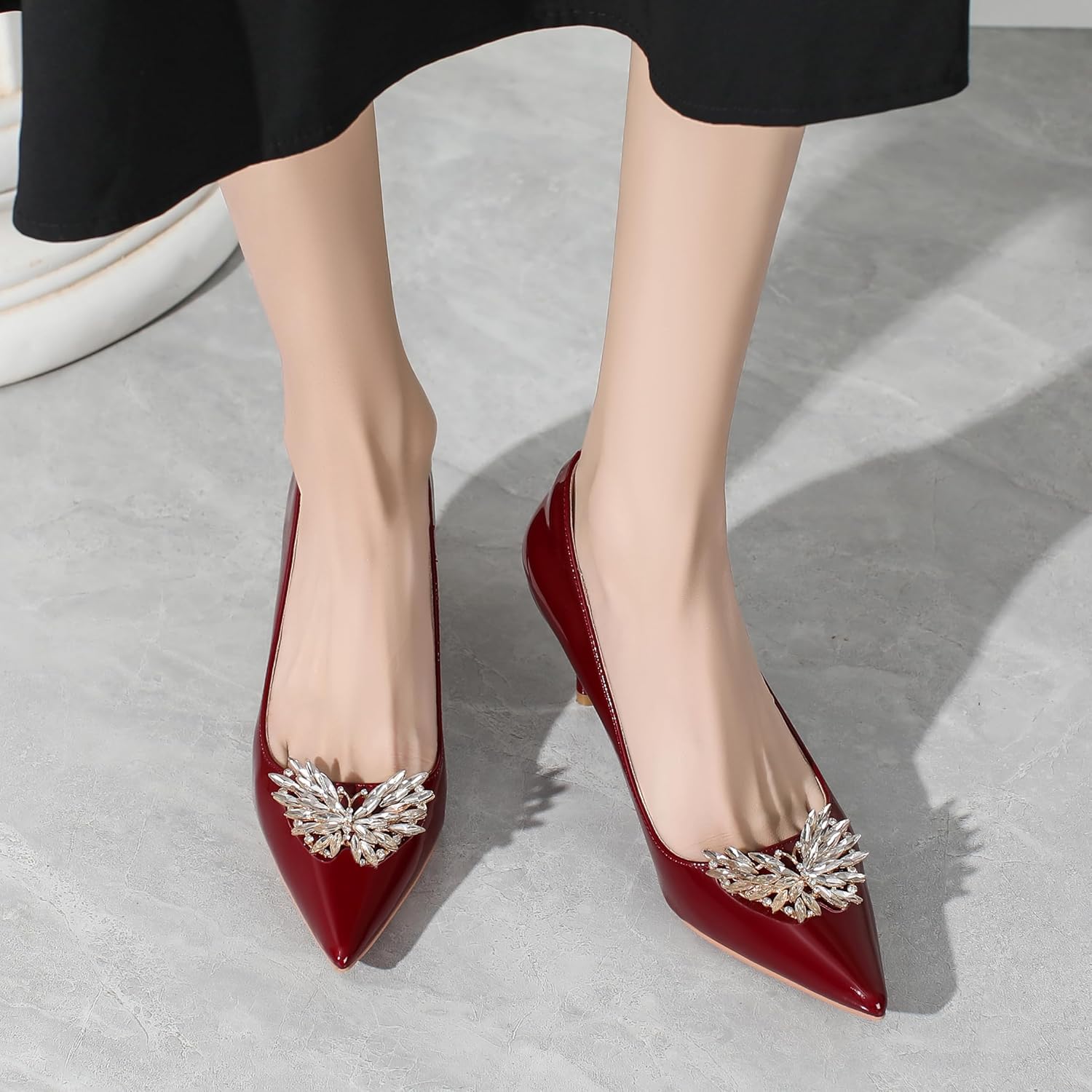 Kitten Heels for Women 2 Inch Rhinestone Bow Pointed Toe High Heels Comfortable Leather Stiletto Pumps Wedding Party Dress Shoes