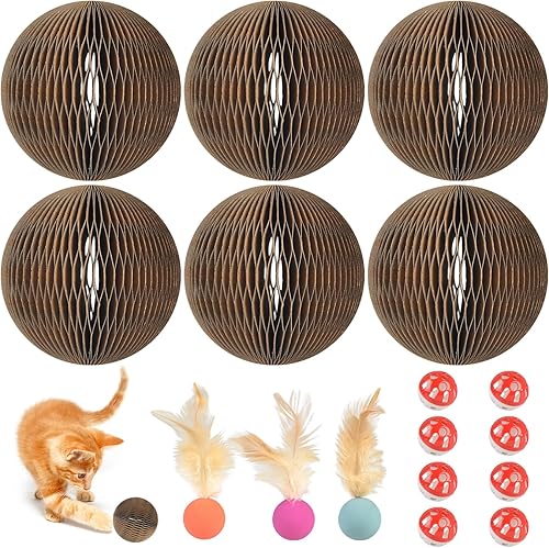 6 bolas de cartón para gatos con campana y 3 juguetes de bola de plumas para gato, juego interactivo resistente a desgarros para jugar en interiores