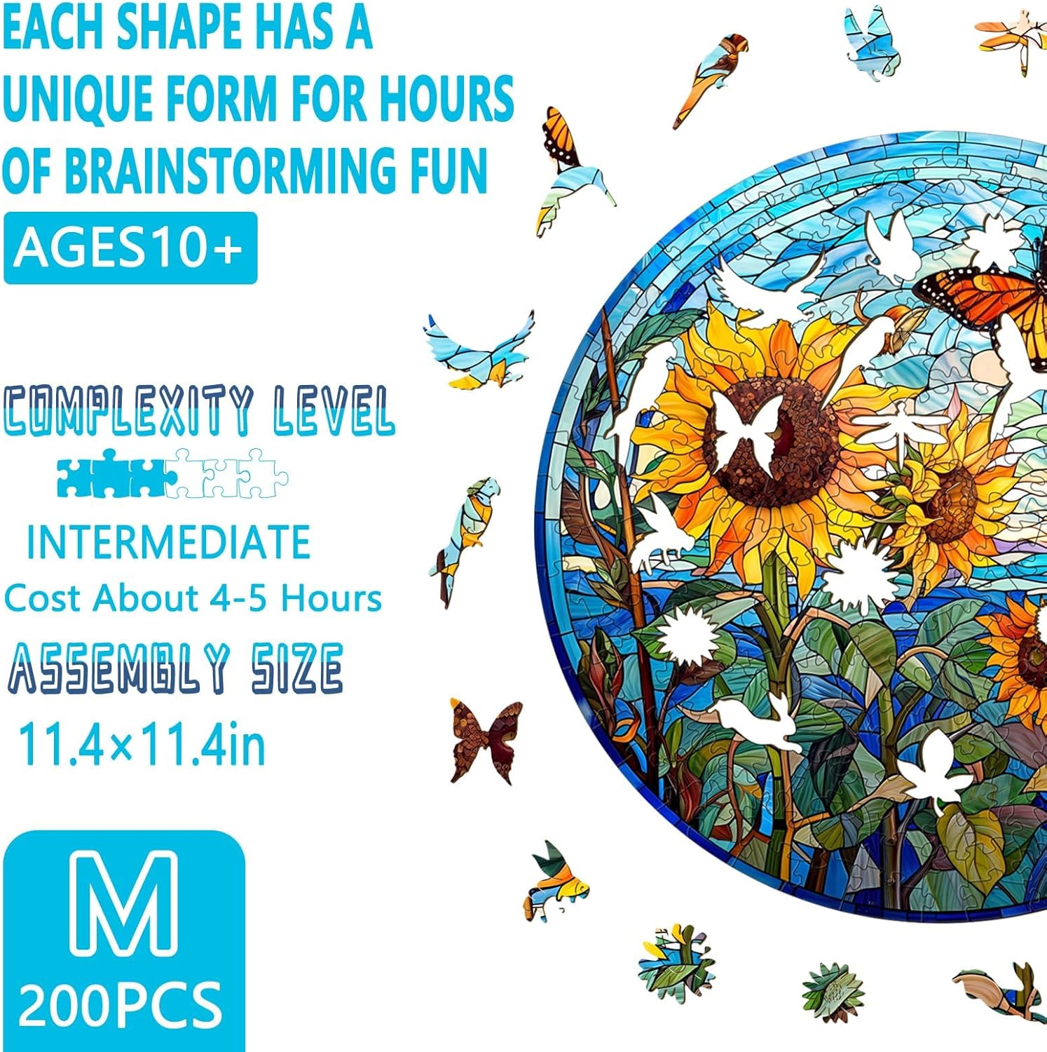 Wooden Puzzles for Adults - Glass Sunflower Wooden Puzzle, Unique Shaped Wood Jigsaw Puzzles for Adults, Wood Puzzles Adult, Perfect for Birthday Gift, Family Puzzle, 200 Piece 11.4 x 11.4in, Medium