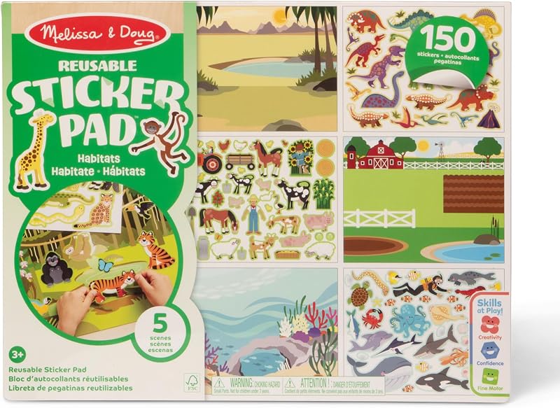 Melissa & Doug - Bloc de Pegatinas Infantiles Hábitats, Naturaleza - Libro Pegatinas Reutilizables: 150 Autoadhesivos, 5 Escenas, 6074872, Manualidades Niños, Regalo Niño 3 años + Stickers Infantiles