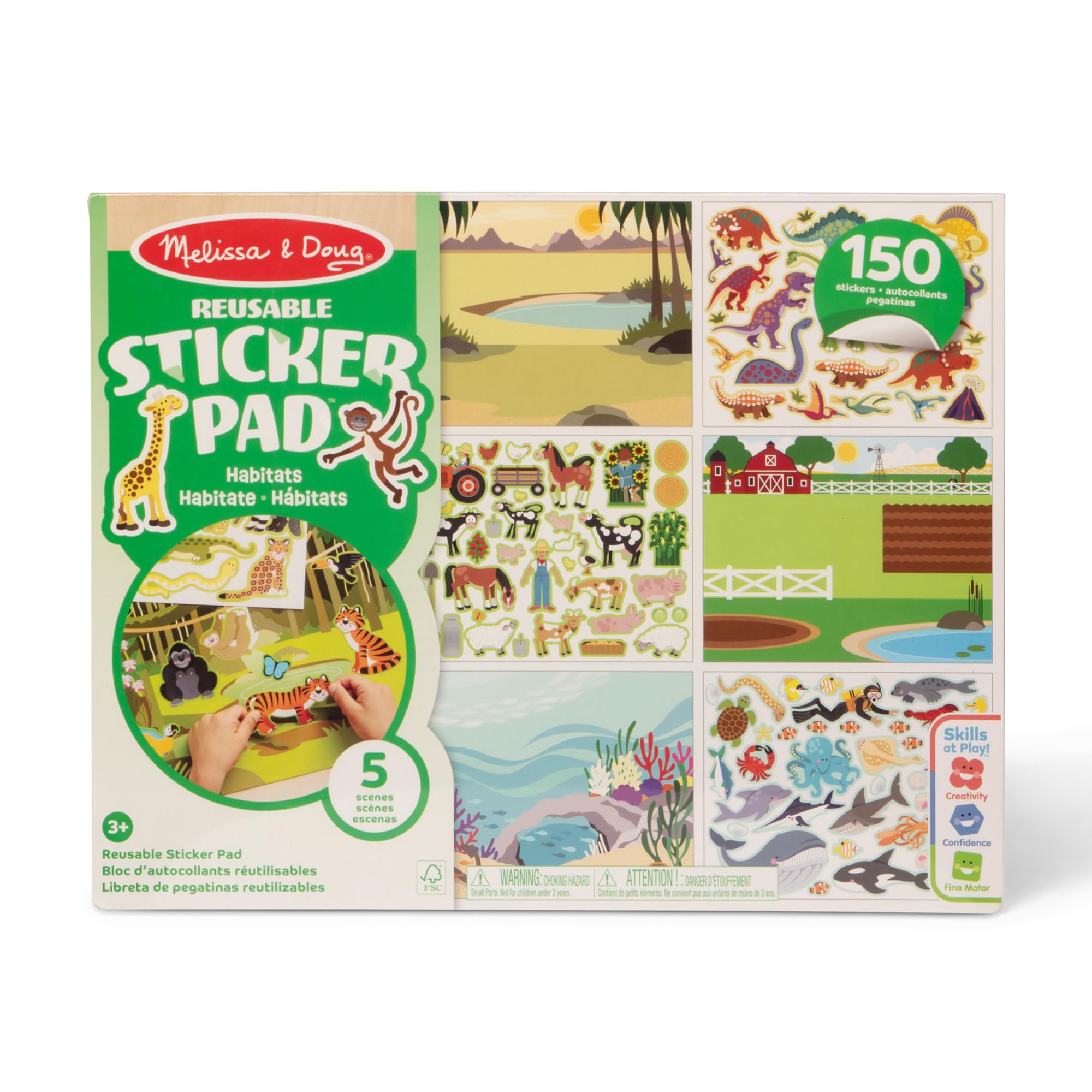 Melissa & Doug Reusable Sticker Pad Habitats – Over 150 Reusable Vinyl Stickers & Five Fold-Out Backgrounds Featuring Farm, Desert, Jungle & Ocean Scenes for Creative Play | MD4196