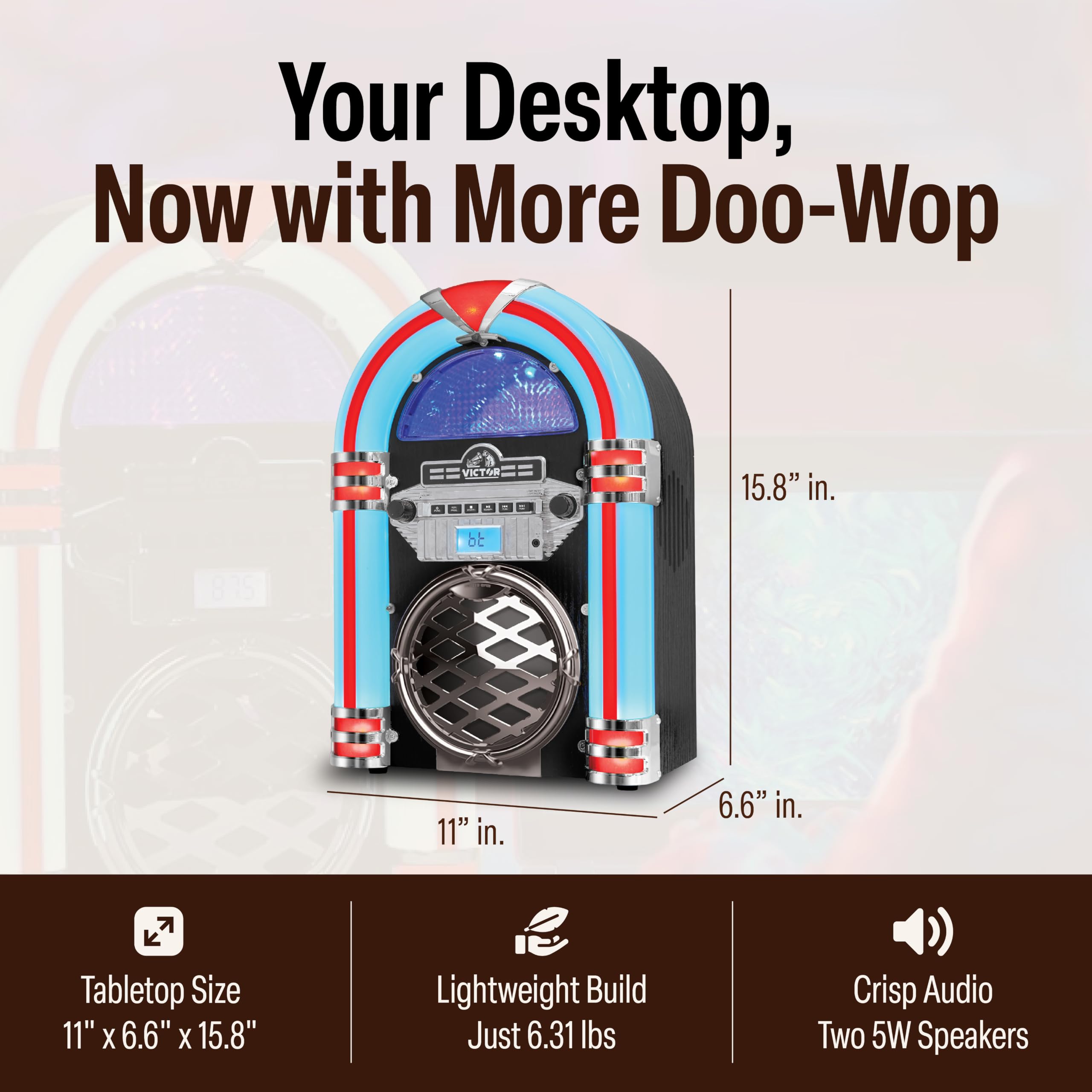 VICTOR Broadway Desktop CD Bluetooth® Jukebox mit mehrfarbiger LED-Beleuchtung, Schwarz (VDTJ-1550-BK)