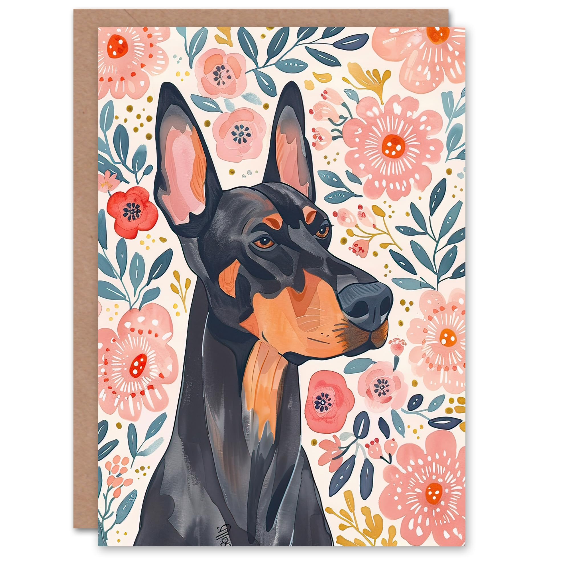 Artery8 Greeting Card Dog Lover Doberman Portrait Pink Floral Folk Art For Her Woman Birthday Card