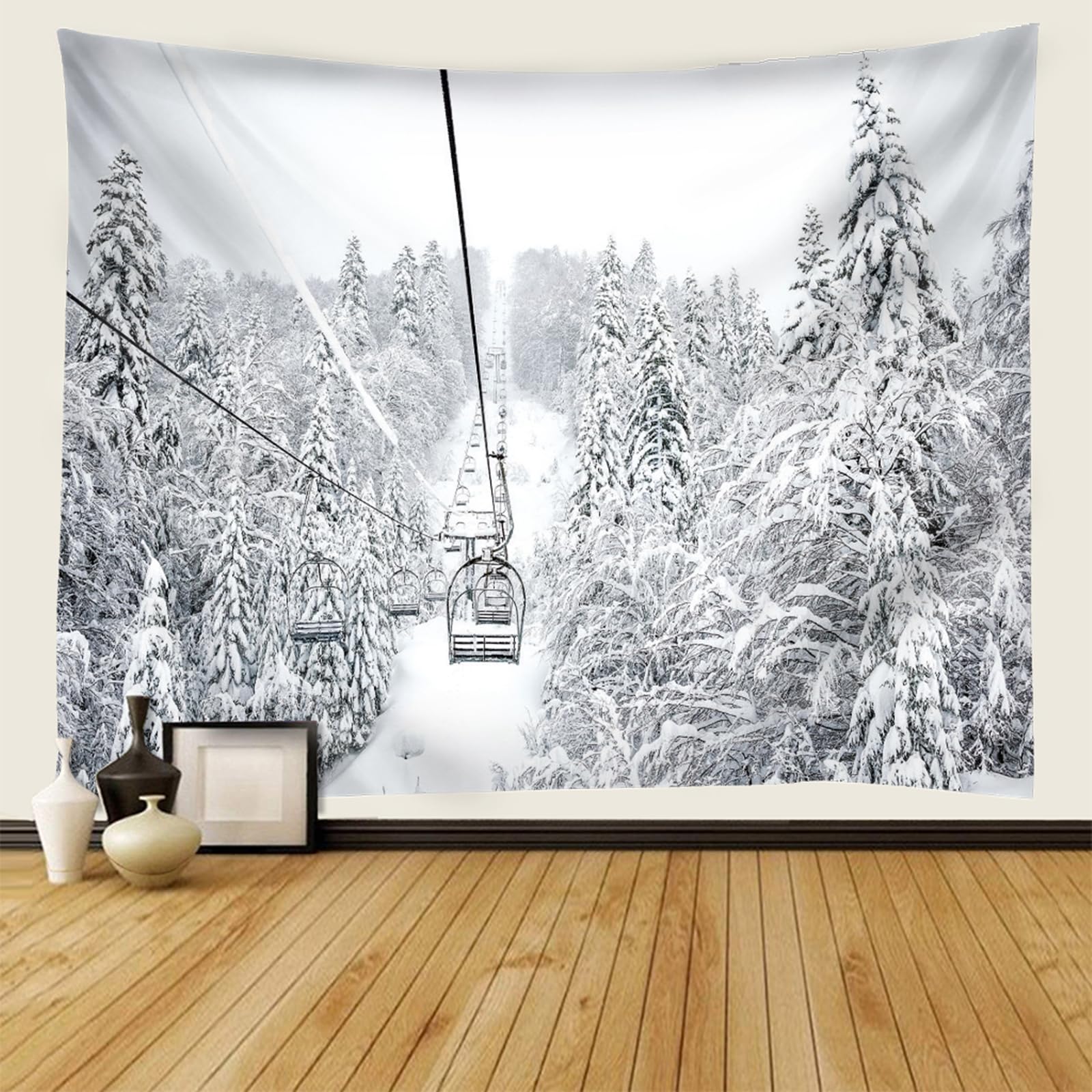 RDSGYZ Dywan ścienny do salonu, duży, 350 x 256 cm, zasłona ścienna do użytku na zewnątrz, motyw gór, lasu i kolejki linowej, dekoracja ścienna do pokoju dziecięcego, sypialni