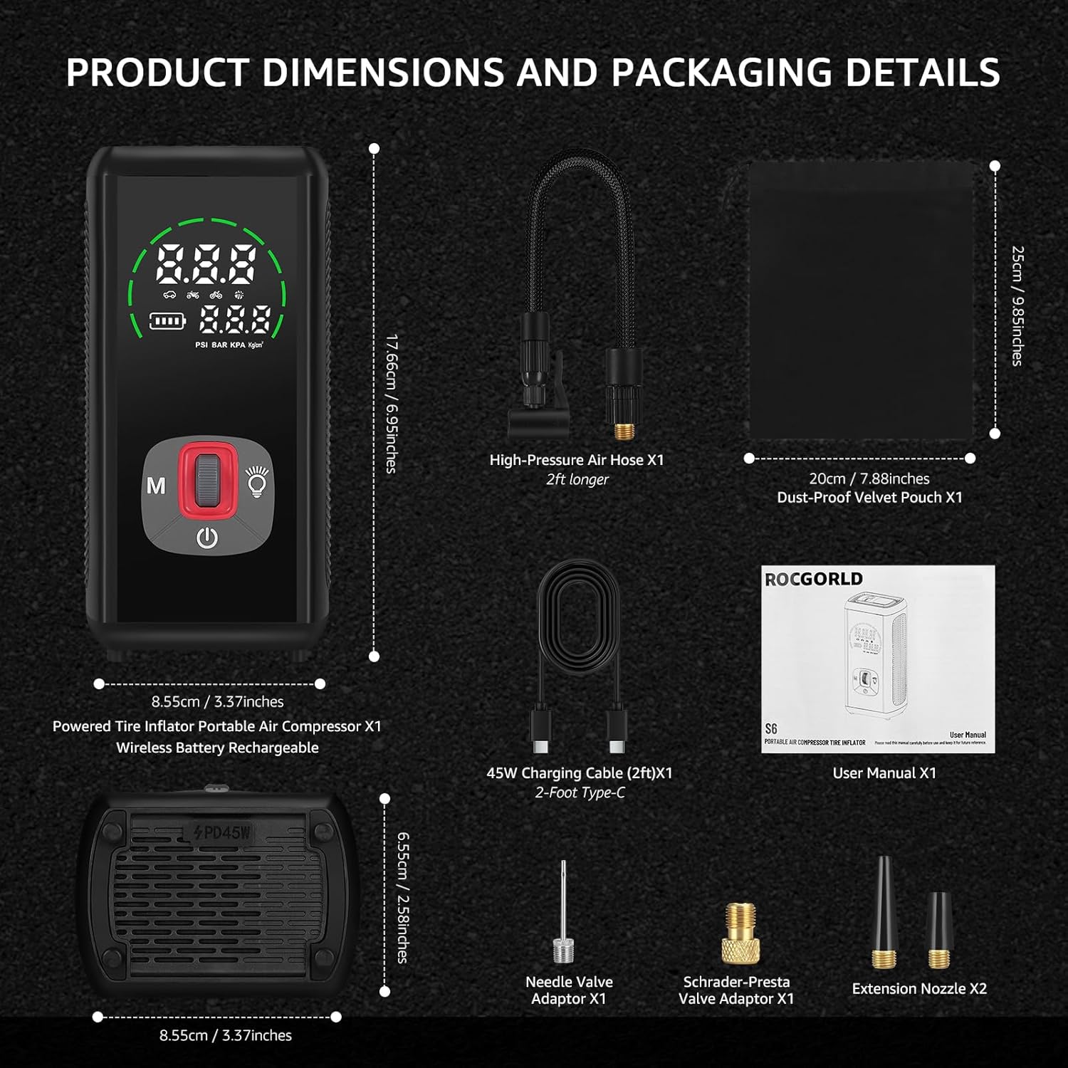 Wireless Tire Inflator Portable Air Compressor, 150PSI, 6000mAh Battery Powered, Cordless Digital Pump with LED Emergency Light and LED Pressure Gauge Display for Cars Bikes Balls, Auto Shut-Off