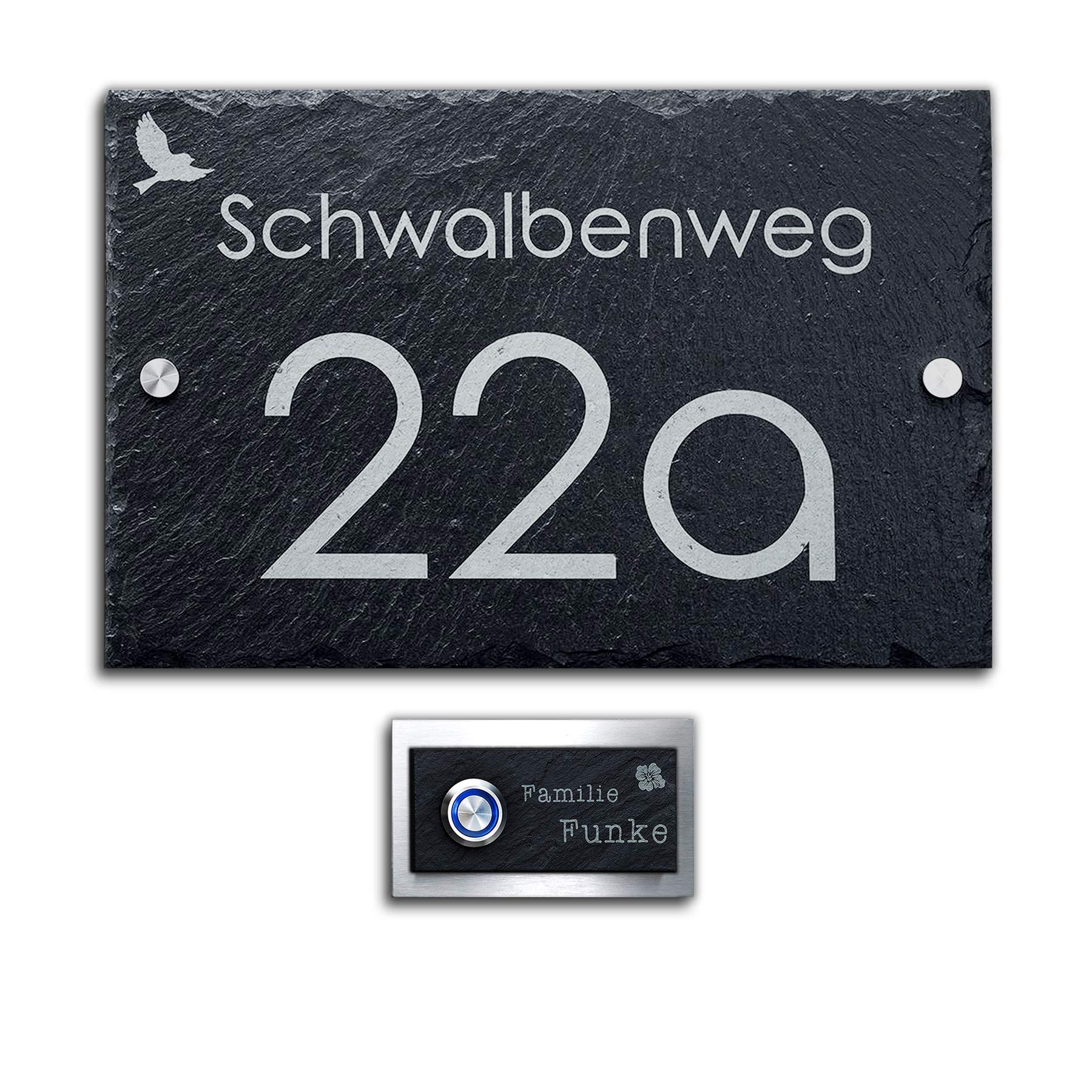 Schiefer Set Klingelplatte + Hausnummer mit Gravur Türklingel inkl. LED Taster
