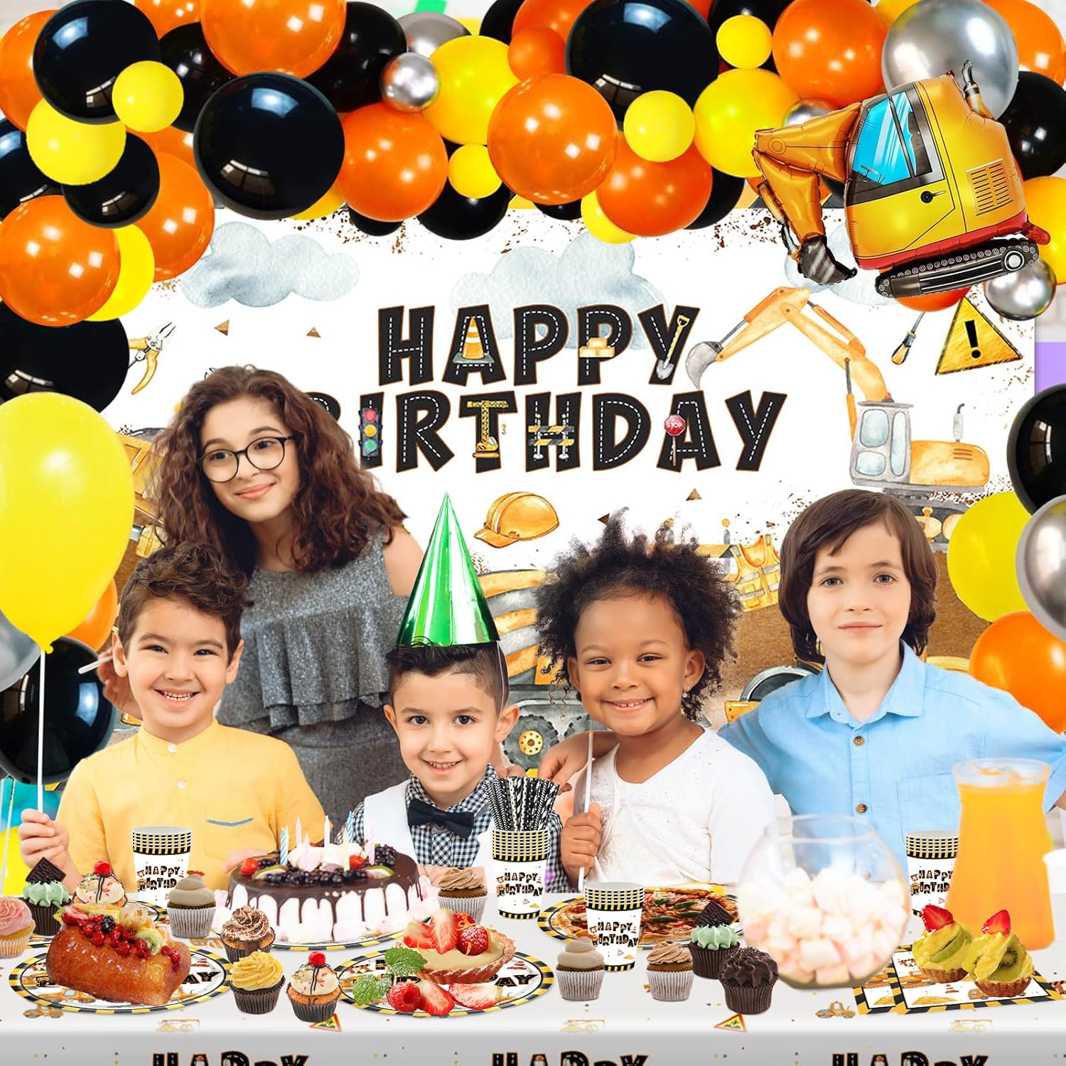 Construction Birthday Party Supplies 251 PCS Construction Birthday Banner Balloons Plates Napkins Cups Tablecloth Set for Kids Dump Truck Excavator Party Decorations - Image 3