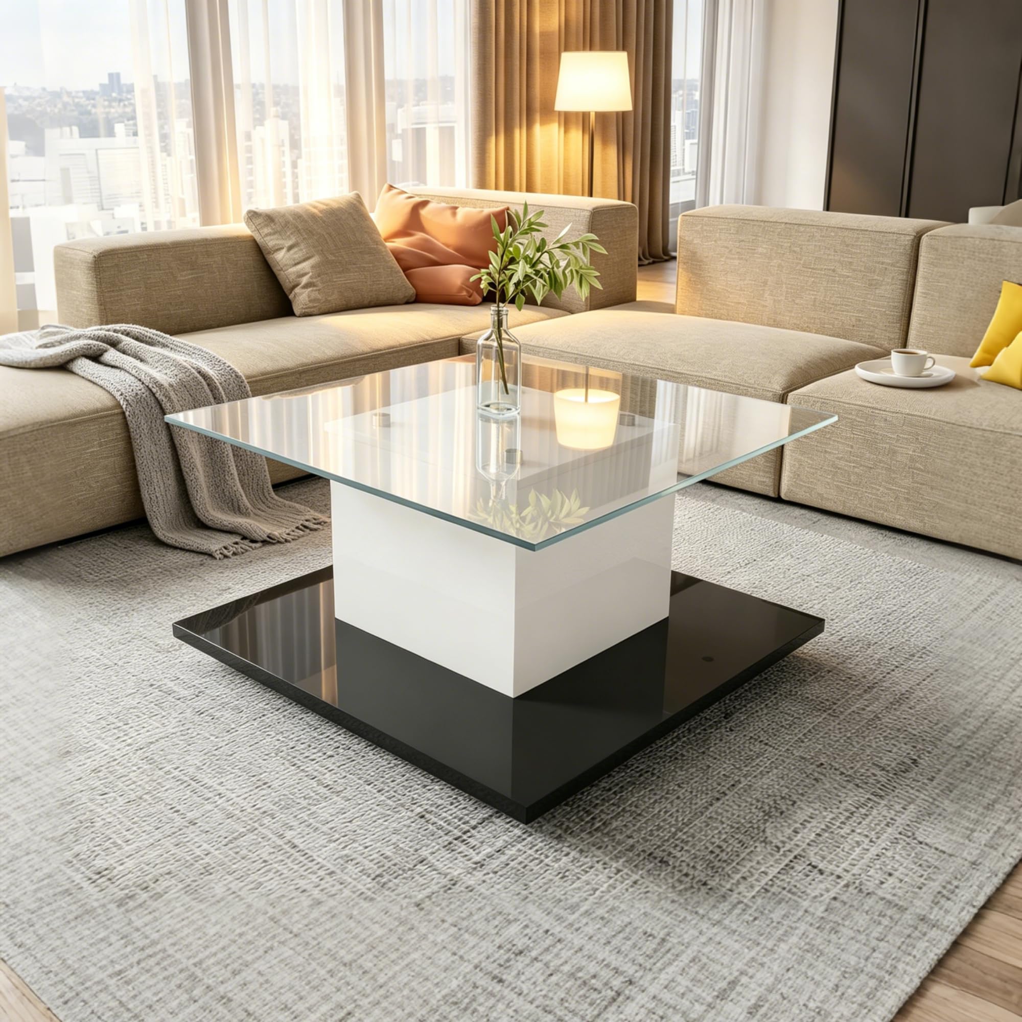 Couchtisch Hochglanz Glas Wohnzimmertisch Modern mit Rollen Beweglicher Kaffeetisch Beistelltisch für Wohnzimmer Lounge Design Teetisch Sofatisch Pflegeleicht Rechteckig Großer Tisch Grau