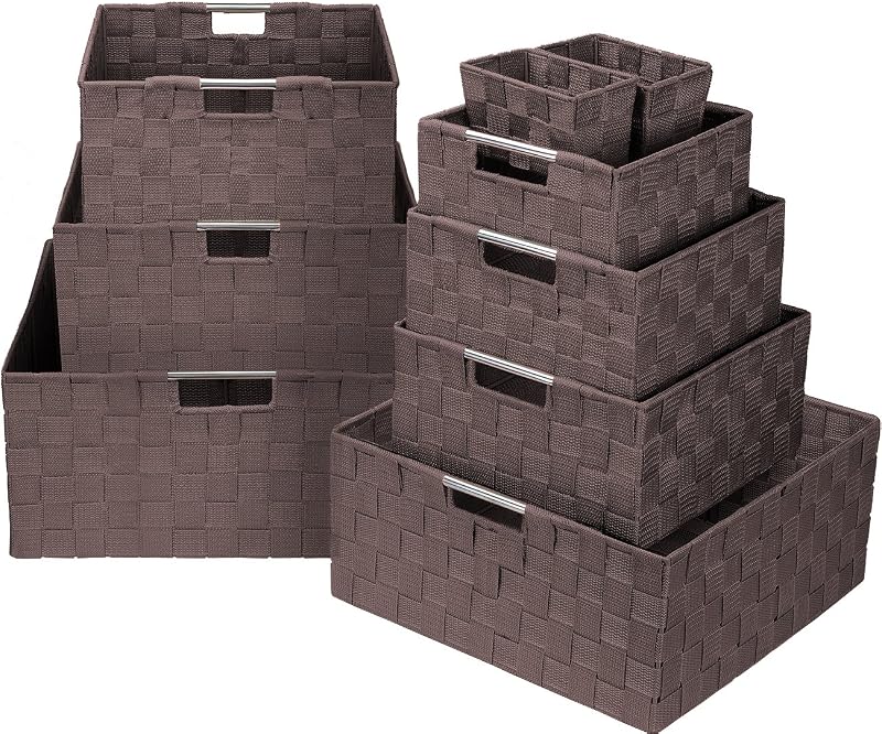 Sorbus Set of 9 Storage Baskets for Organizing, Mesh Hand-Woven Design, Linen Closet Organizers and Storage, Organizer Storage Baskets for Shelves, Variety Pack Organizers and Storage (Chocolate)