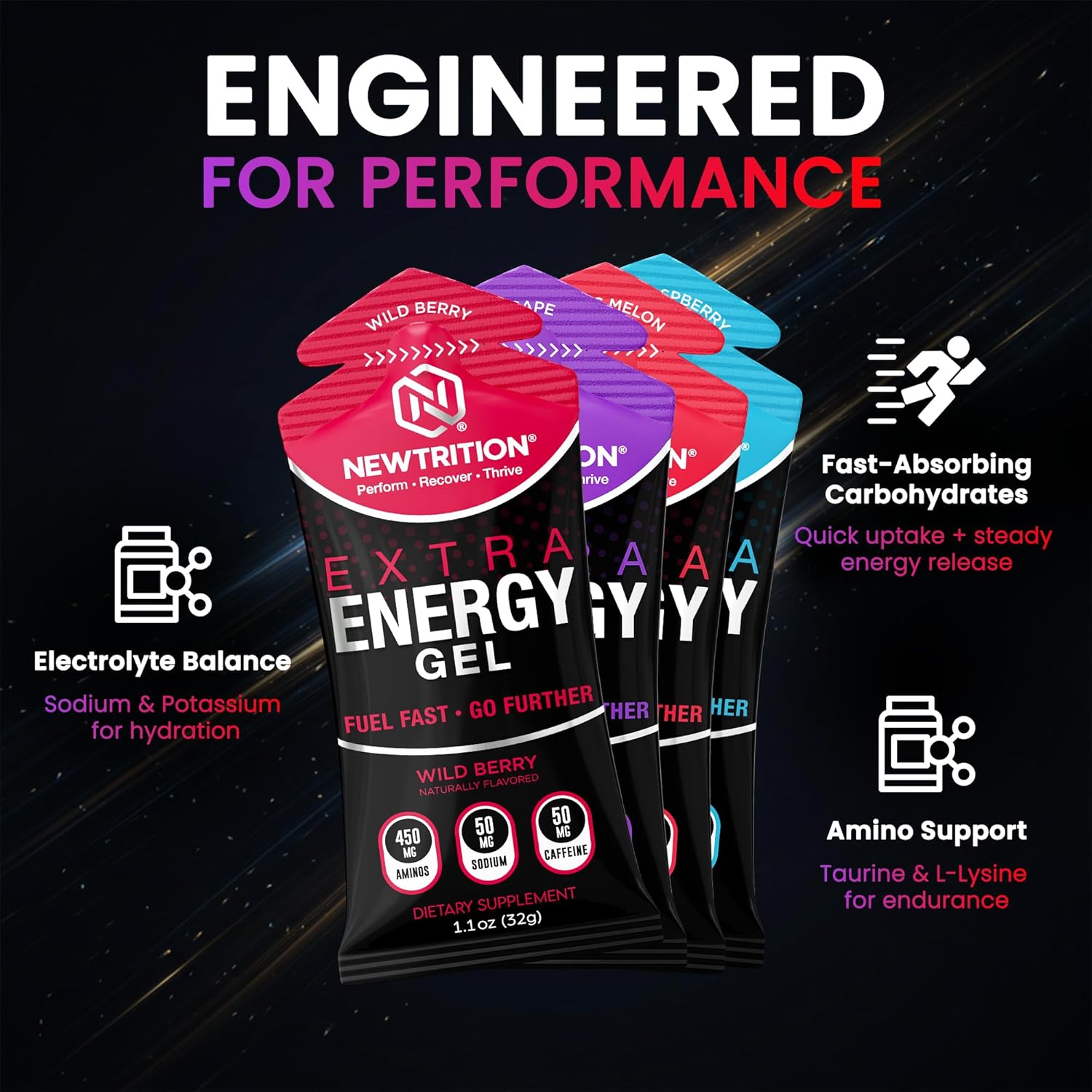 NewTrition® Extra Energy Gel Variety Pack - Fast Fuel with 50mg Caffeine, Amino Support, Smooth Texture, Electrolytes - Easy Digestion Running Gel for Cycling & Running