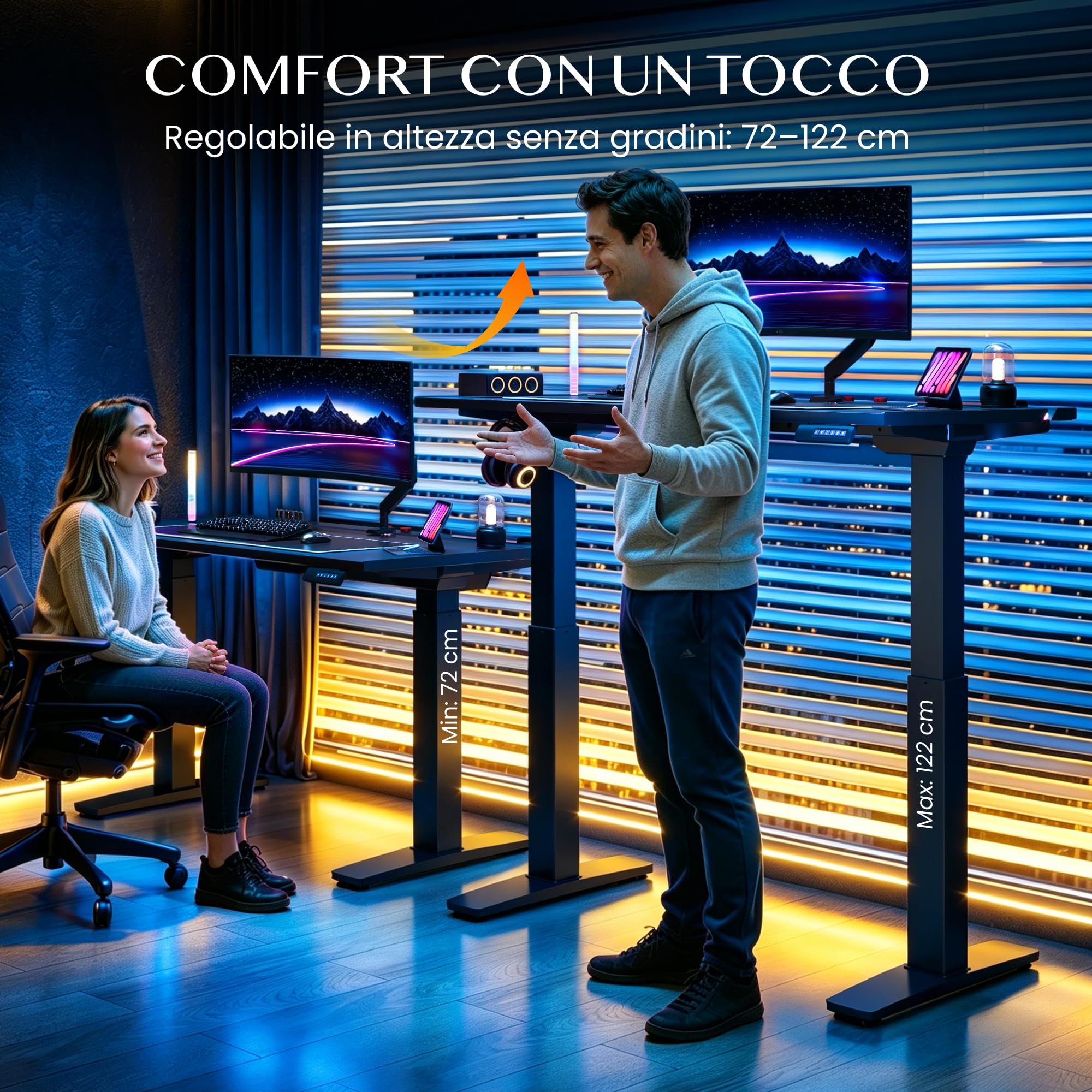 FLEXISPOT Scrivania Gaming Regolabile in Altezza 120x70 cm, Doppio Motore, Illuminazione LED, Gestione Cavi, Portata 120 kg, Piano a 5 Strati, Nero