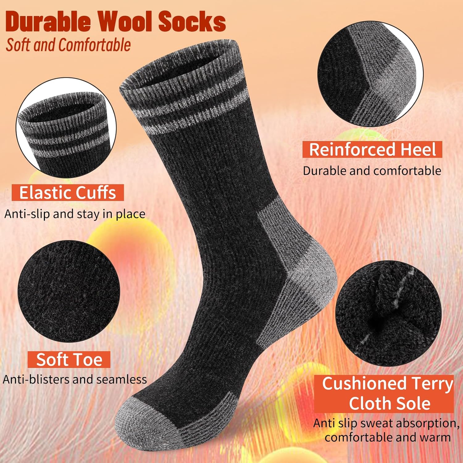 COOVAN Mens Merino Wool Crew Socks - Thermal Warm Winter Boot Socks for Cold Weather Work & Hiking - 5Pairs - Image 5