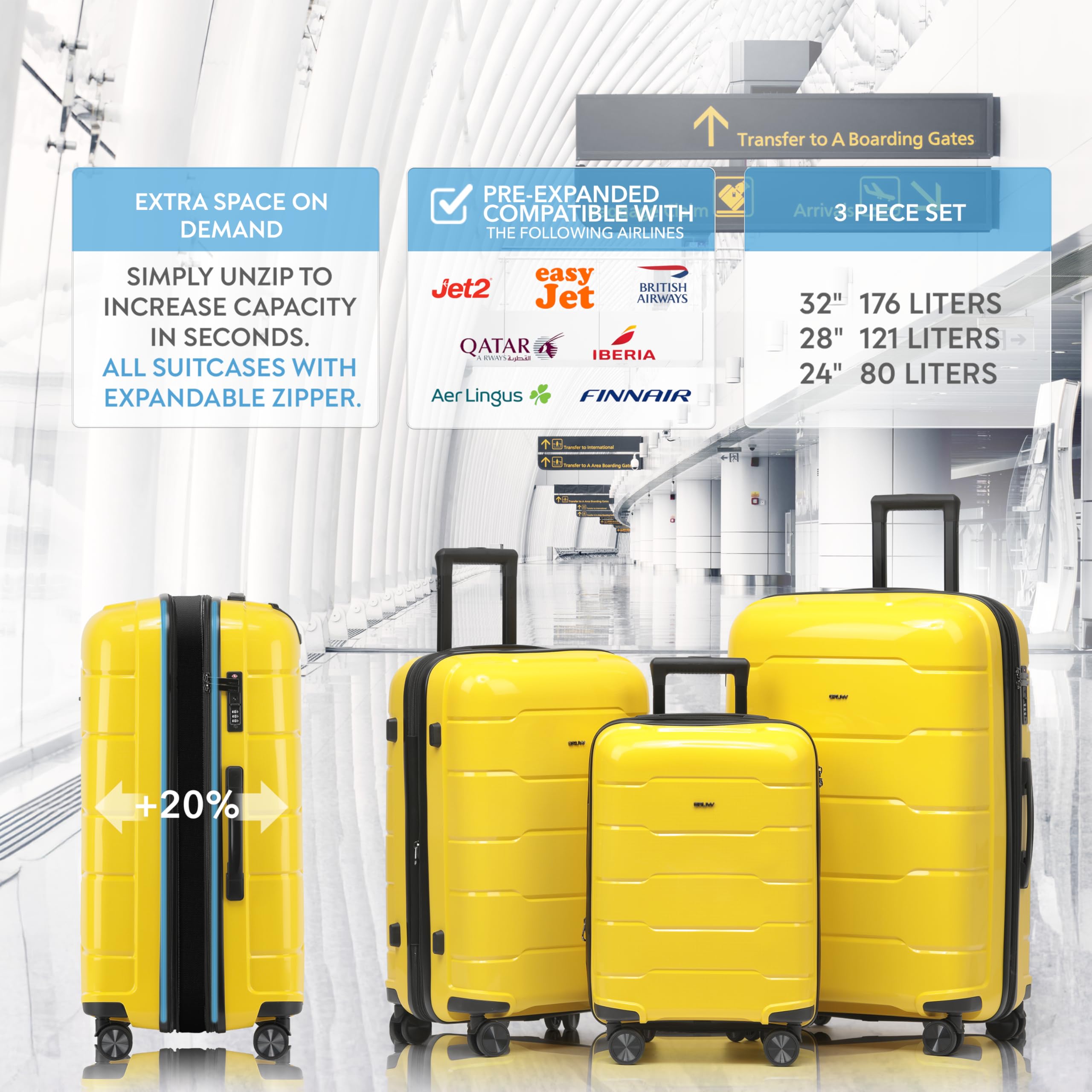 CRUW 3-Piece Luggage Set Expandable Polypropylene Suitcase Set TSA Locks 8 Silent Spinner Wheels Lightweight Nested Suitcases Travel Set easyJet British Airways Jet2 Airline-Approved Carry-On Yellow