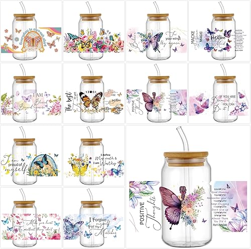 Miniatura 3 de gisgfim 12 hojas de transferencia de vidrio con diseño de mariposa para vidrio, UV DTF de vasos, calcomanías de transferencia de envoltura floral de