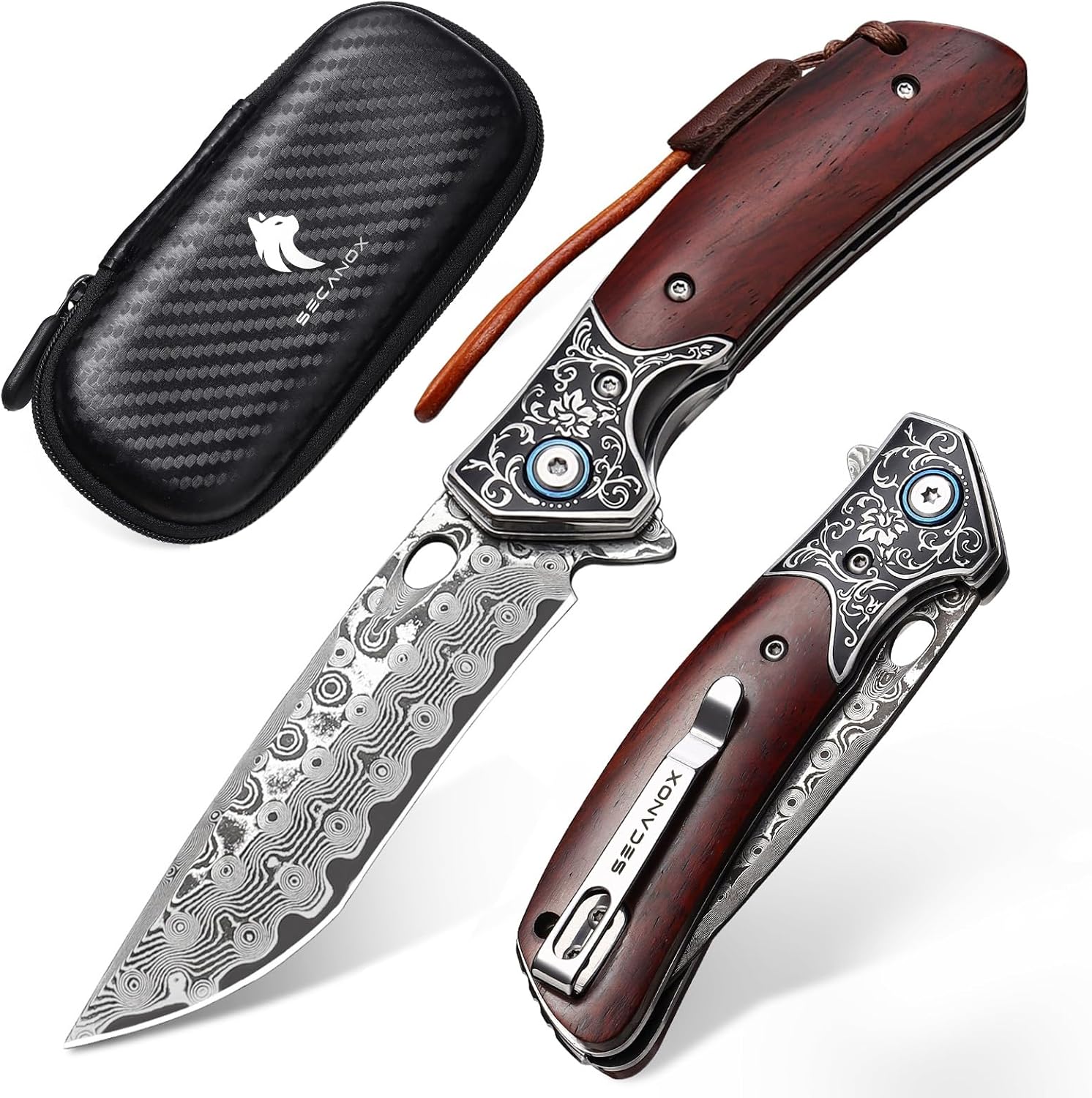 Damascus Pocket Knife with Wood Handle, Sharp 3.23" Damascus Steel Blade Folding Knives, EDC Knifes for Camping Hiking Collection