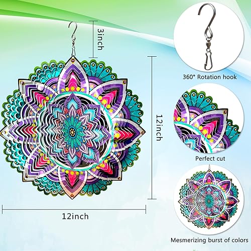 Miniatura 6 de Goolyrusim - Molinillo de viento con mandala, jazmín, de acero inoxidable cortado con láser, esculturas de viento colgantes en 3D para decoración de