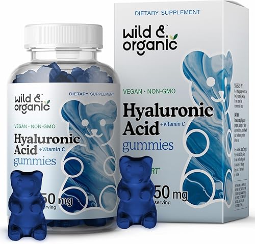 Wild & Organic Gomitas de ácido hialurónico de 250 mg – Suplementos de ácido hialurónico puro – Gomitas para la piel y las uñas con polvo HA –