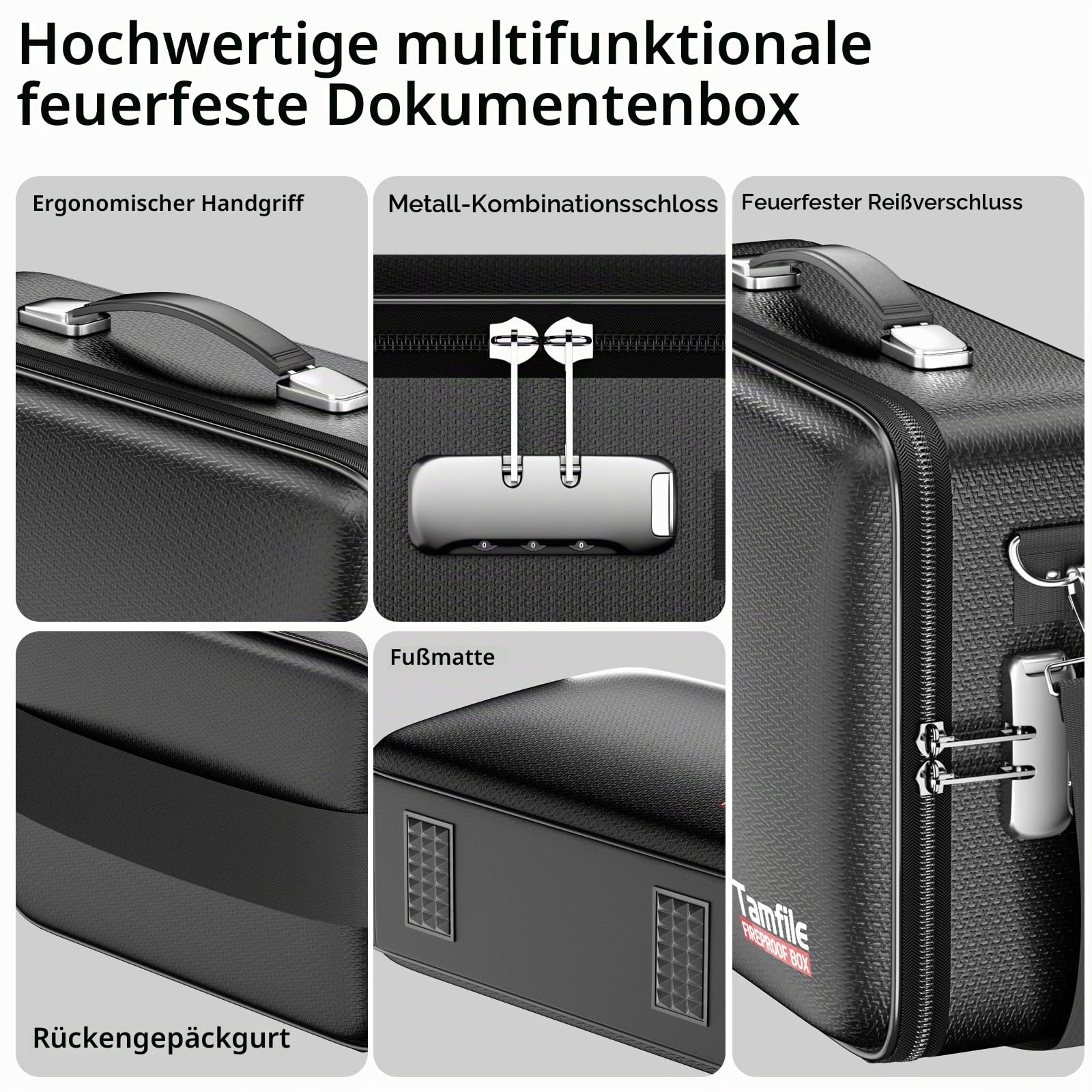 Tamfile Feuerfeste Dokumentenbox, 8-lagige Hartschalen mit 13 Klar Fächern | Wasserfeste, Dokumententasche, Aufbewahrungsbox, Fächermappe Ordner, Tragbare, für Büro, Hause, Schule, Reisen, mit Schloss