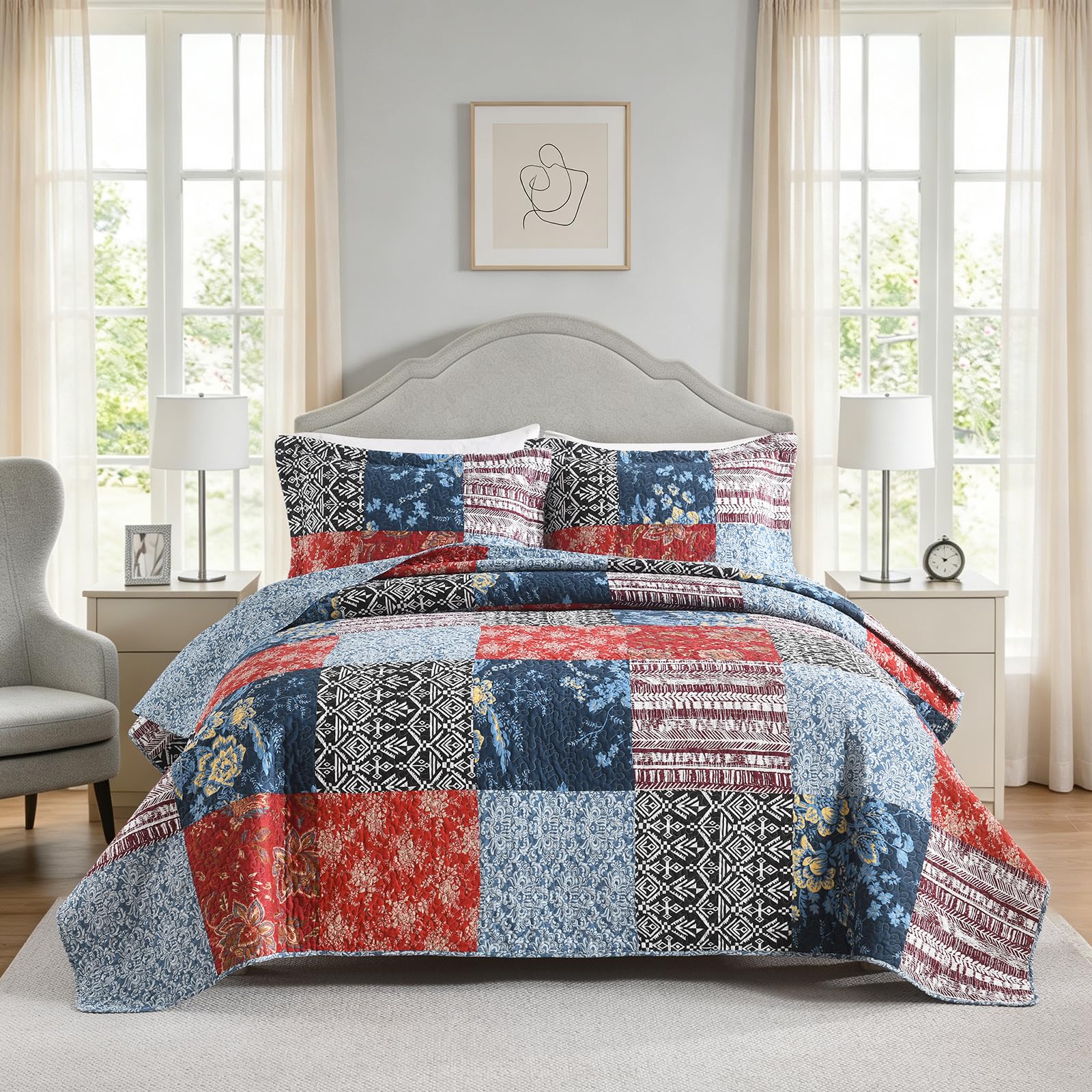NEWLAKE Quilt Set Queen Size, Bedspread Sets Boho Indigo Patch, Quilt Bedding Set Lightweight and Breathable for All Seasons, Soft Quilted Bedspread with 2 Pillow Shams