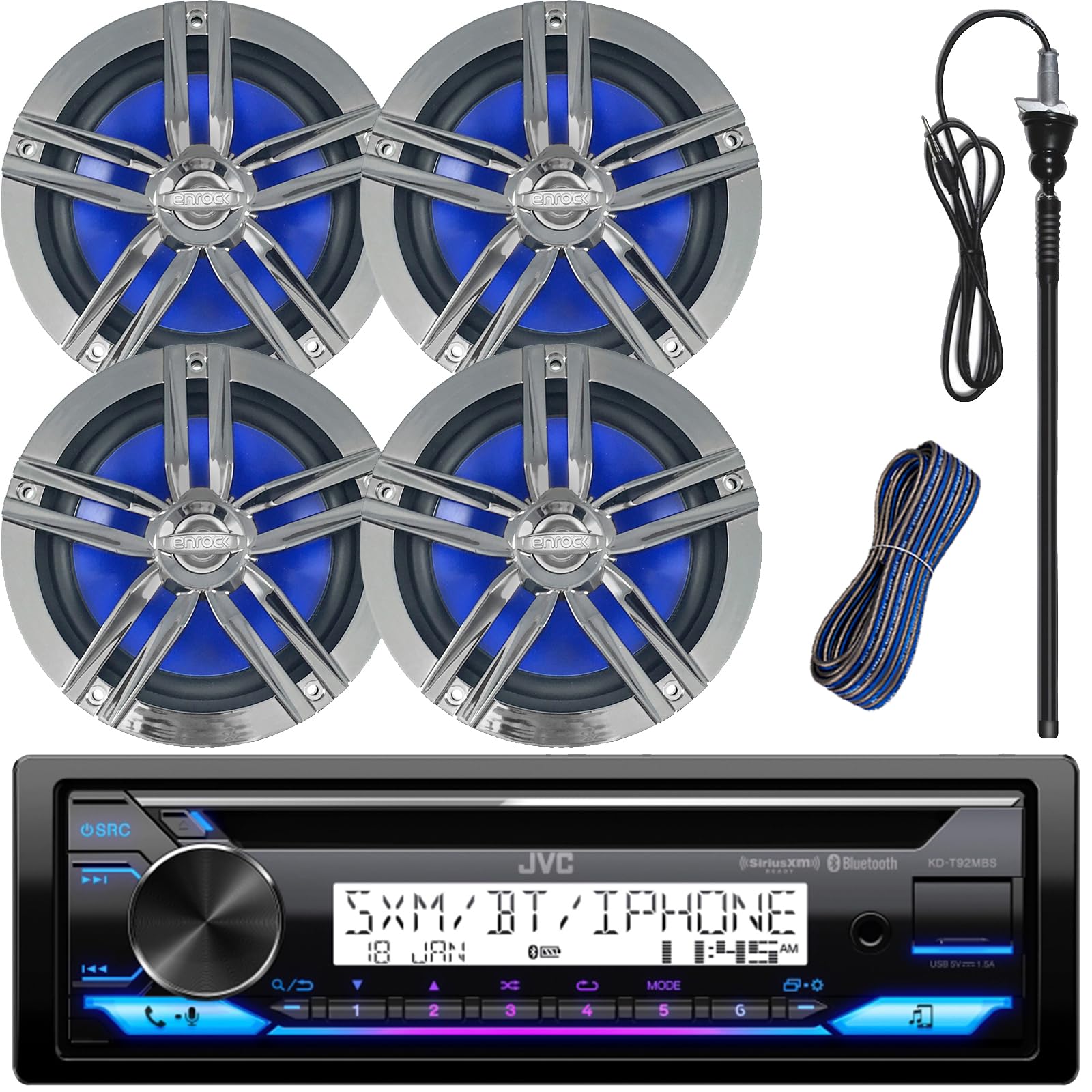 Single DIN Marine Audio Bluetooth USB AUX CD Playe Receiver Bundle Combo with 2 Pairs of Enrock Chrome 6.5" 2-Way Boat Stereo Audio Speakers + Long Range AM/FM Radio Antenna + 16g Speaker Wire