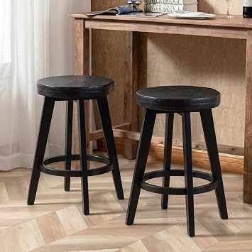 Black Barstools Set of 2, 24" Counter Height Bar Stools with Wood Leg, Vintage Backless Stool for Kitchen Island, Bar Chairs with Round Seat