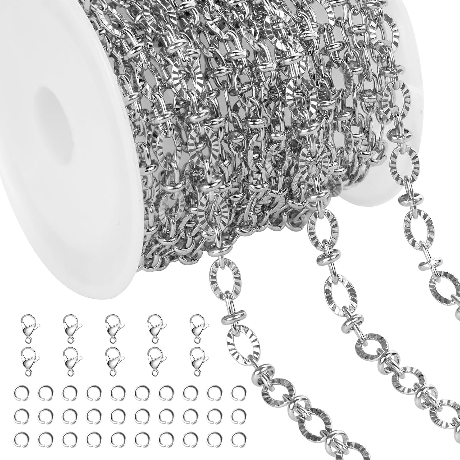 Jabogrii 4 Meters Silver Stainless Steel Jewelry Making Chains Roll Embossed Oval Cable Chain Bulk for Jewelry Making with Lobster Clasps and Open Jump Rings
