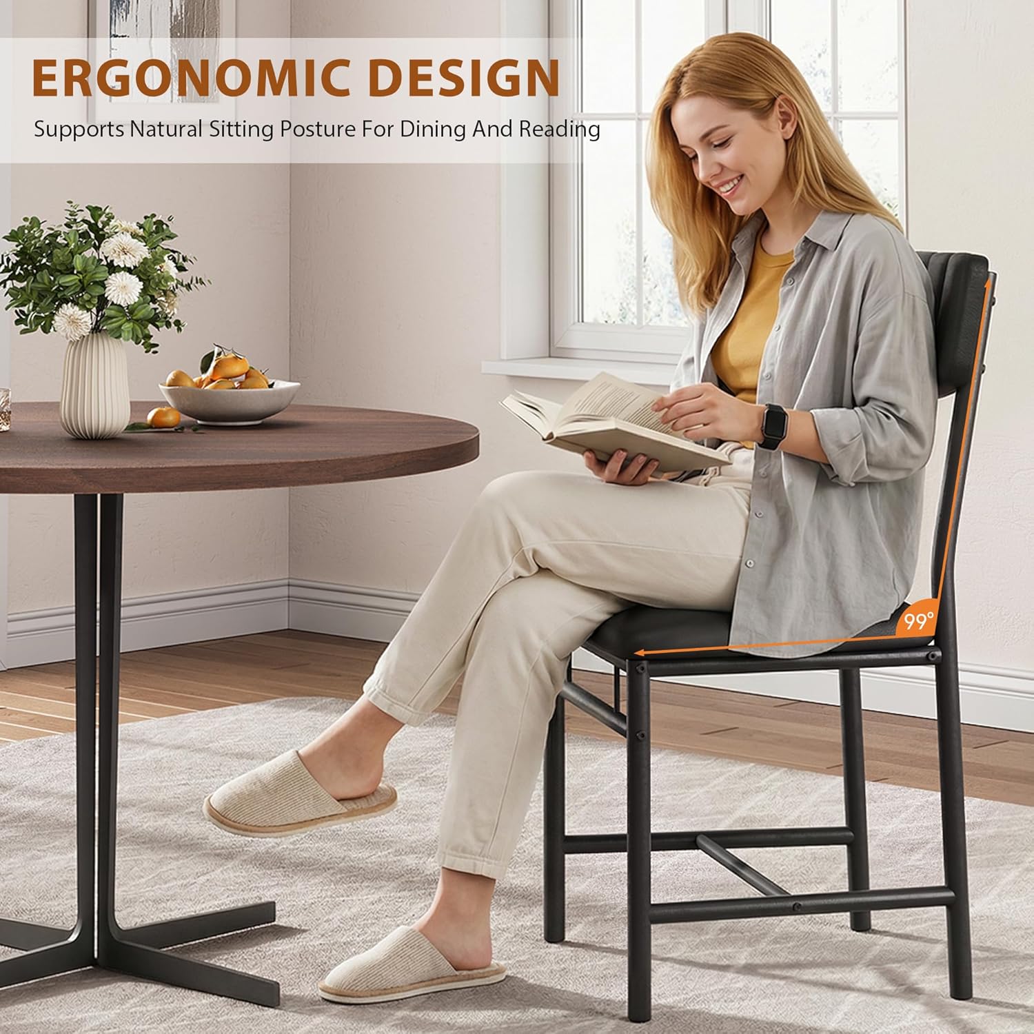 Jocoevol Dining Chairs Set of 6 - Upholstered Dining Room Chairs with PU Leather, Modern Kitchen Chairs with Leather Backrest and Thickened Metal Legs, for Dining Room, Kitchen and Living Room