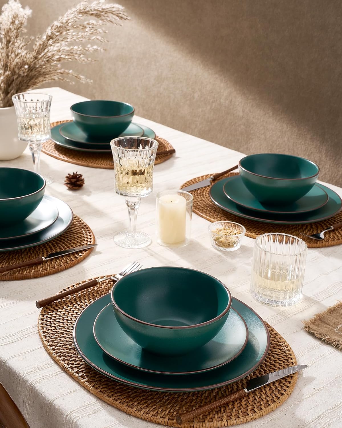 Famiware Venus Plates and Bowls Sets, 12 Pieces Stoneware Speckled Dinnerware Sets, Dishes Set for 4, Microwave and Dishwasher Safe, Matte Dark Green - Image 2