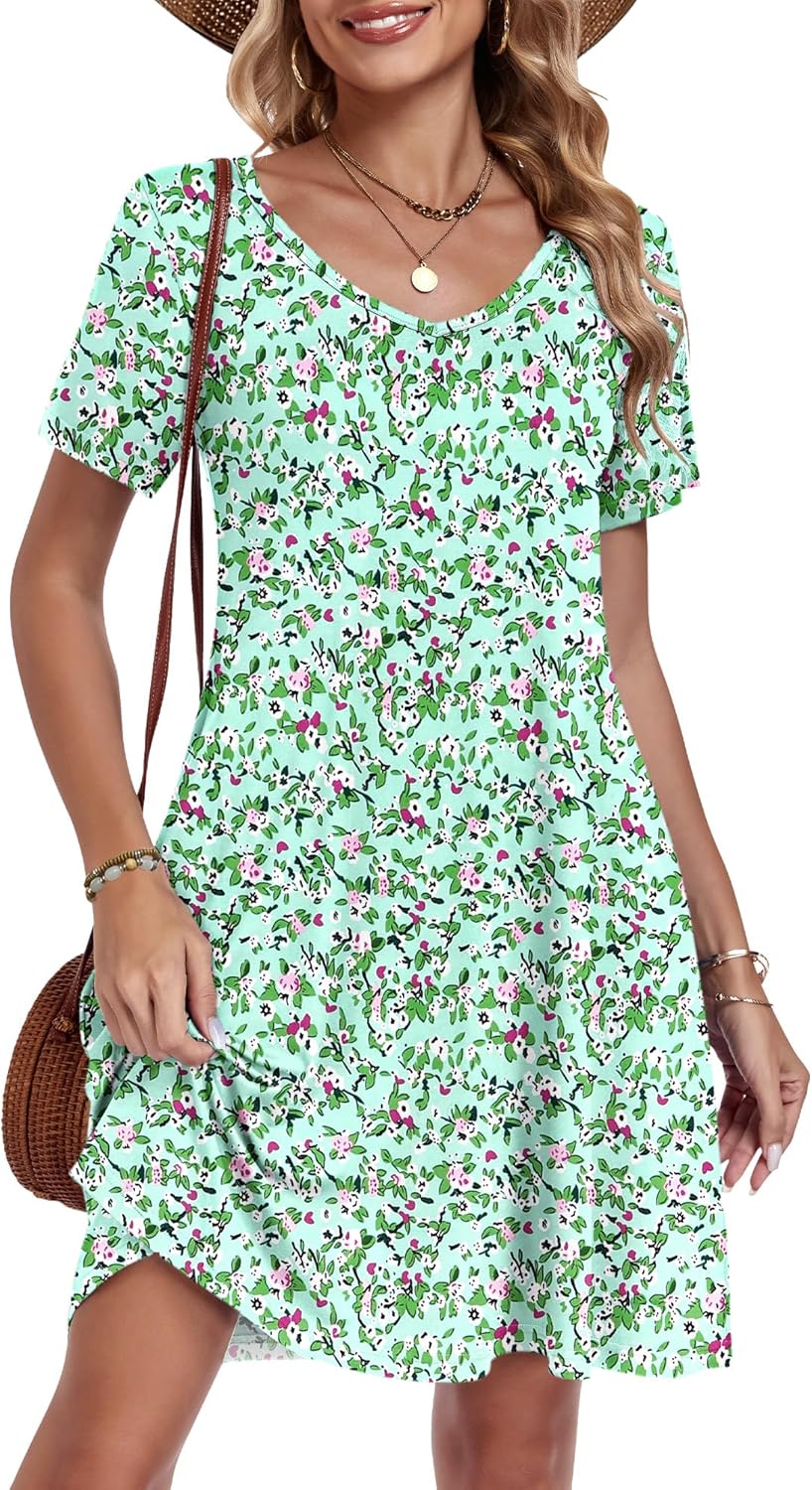 AUSELILY Tshirt Dress Women Swing Floral Short Sleeve V Neck Vacation Beach Mini Dress with Pockets