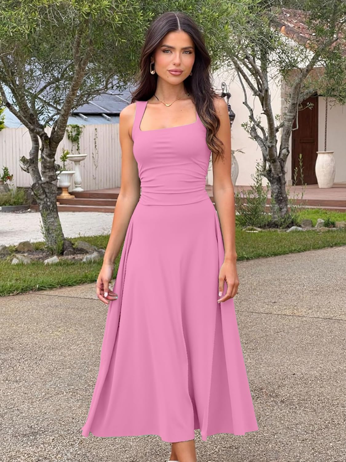 Kaximil Women's Square Neck Corset A Line Maxi Dress Ruffle Ruched Waist Flowy Long Dresses - Image 3