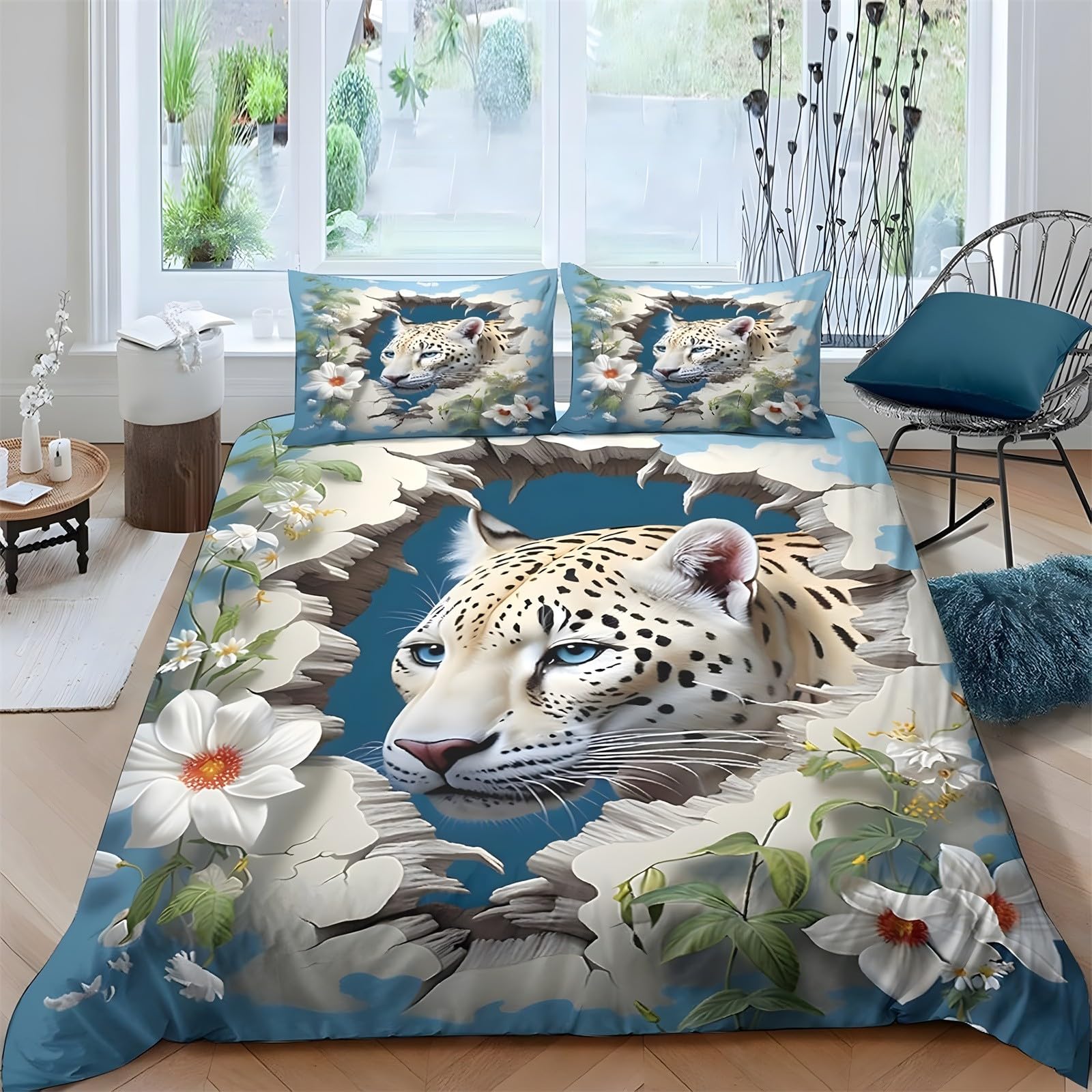 Ypthriline Double Bedding Set Leopard Bedding Set Microfiber Floral Duvet Covers with Pillowcases Reversible Bedding With Zipper Closure 200x200CM