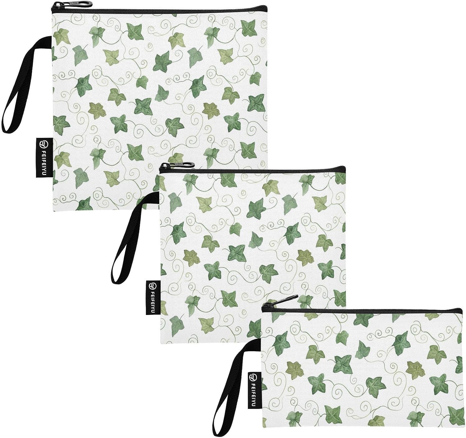 Green Leaf Pattern 3 Pack Reusable Food Bag Sandwich Bags Snack Pouch with Zipper Washable Food Storage Bags for Lunch Travel Office School