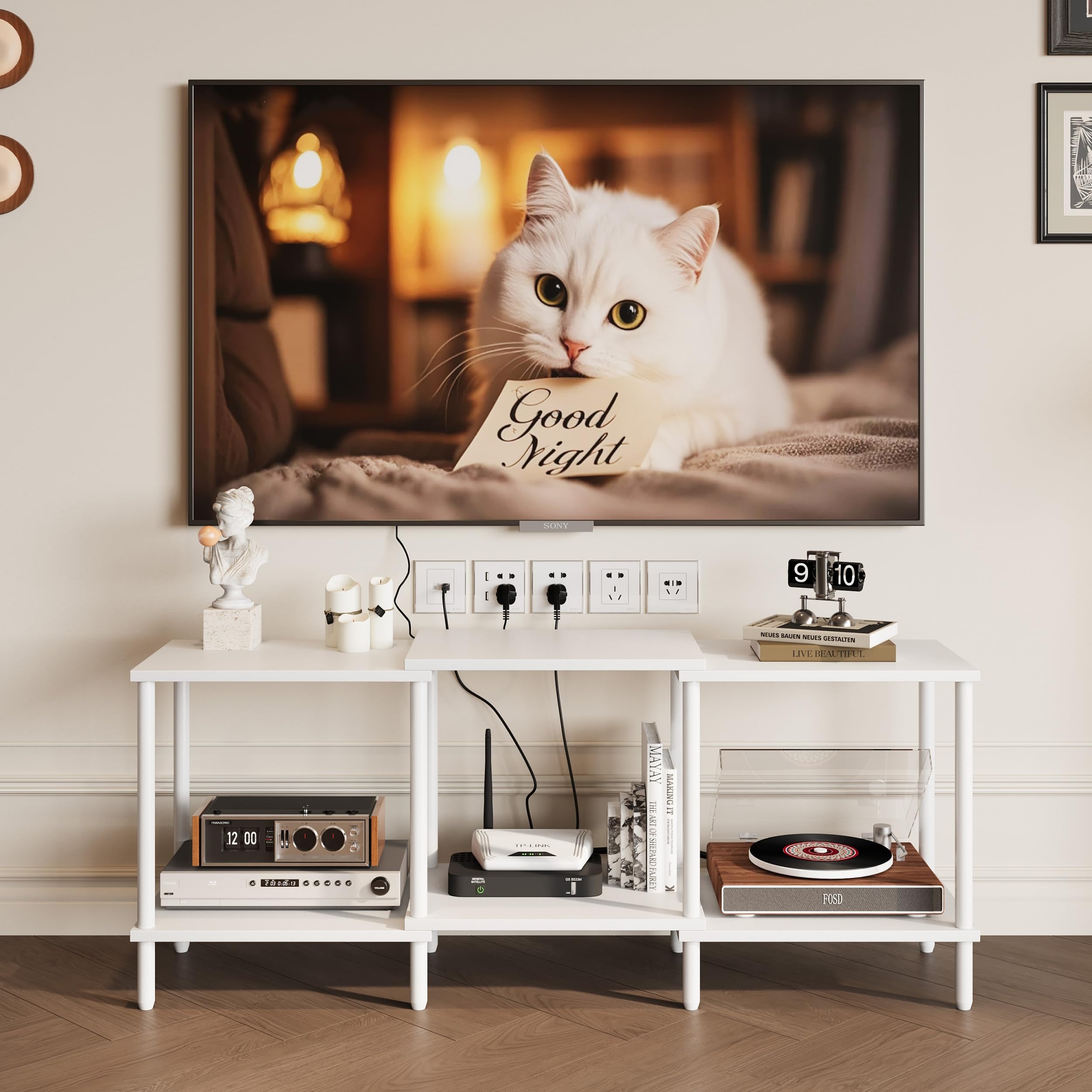 Mueble TV Muebles de Salon Mesa TV de Madera con 2 Niveles de Estantes Abiertos para Sala de Estar y Dormitorio Blanco LTS107W