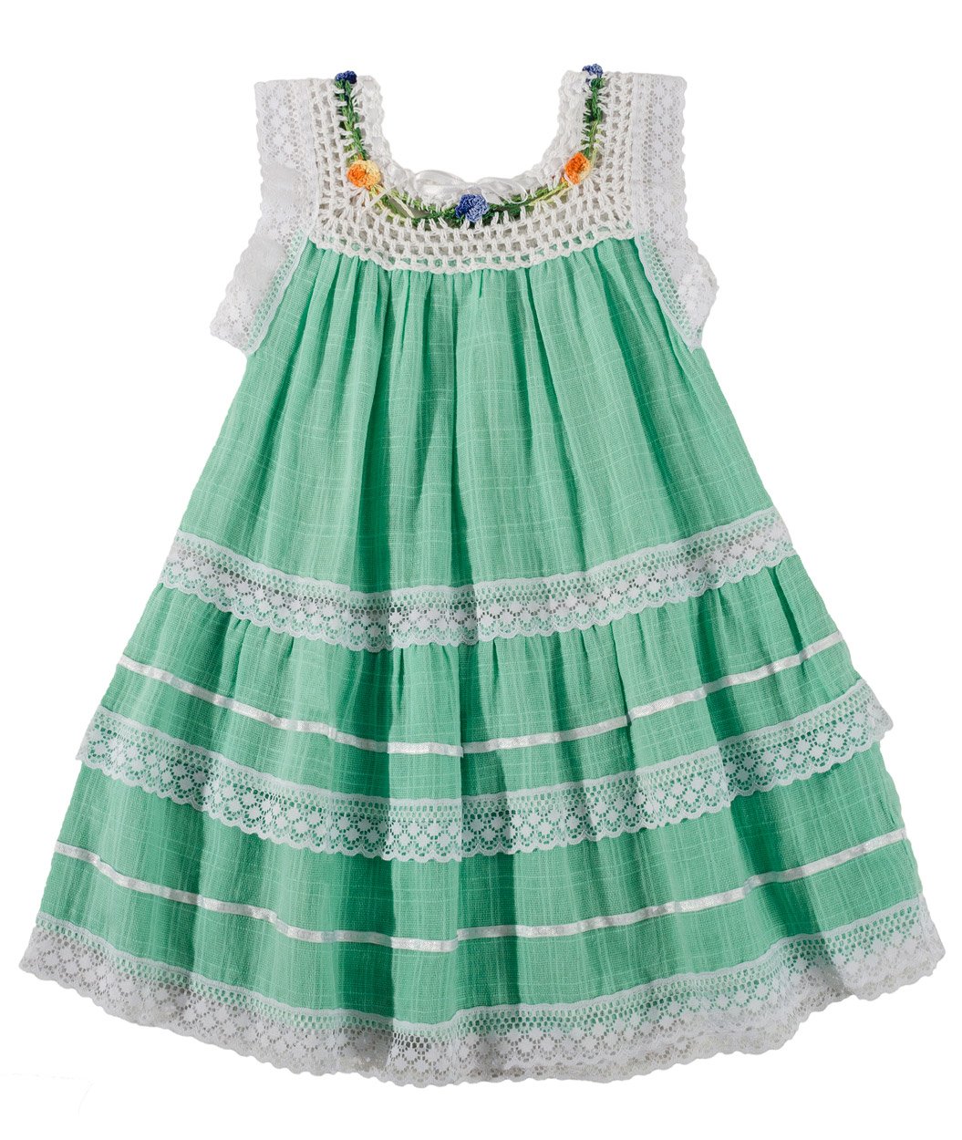 Traditional Baby Girl/Toddler Summer Dress Green with Crochet Neckline
