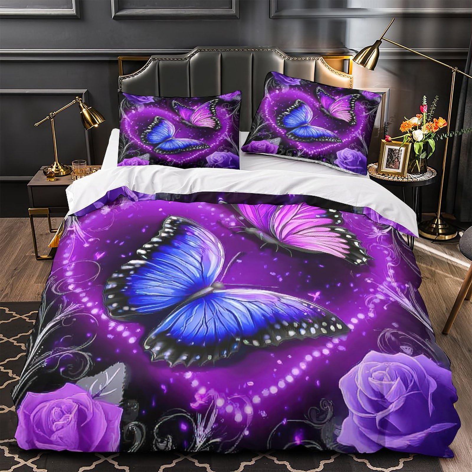 Parure de lit papillons violets en microfibre 135x200 pour lit simple