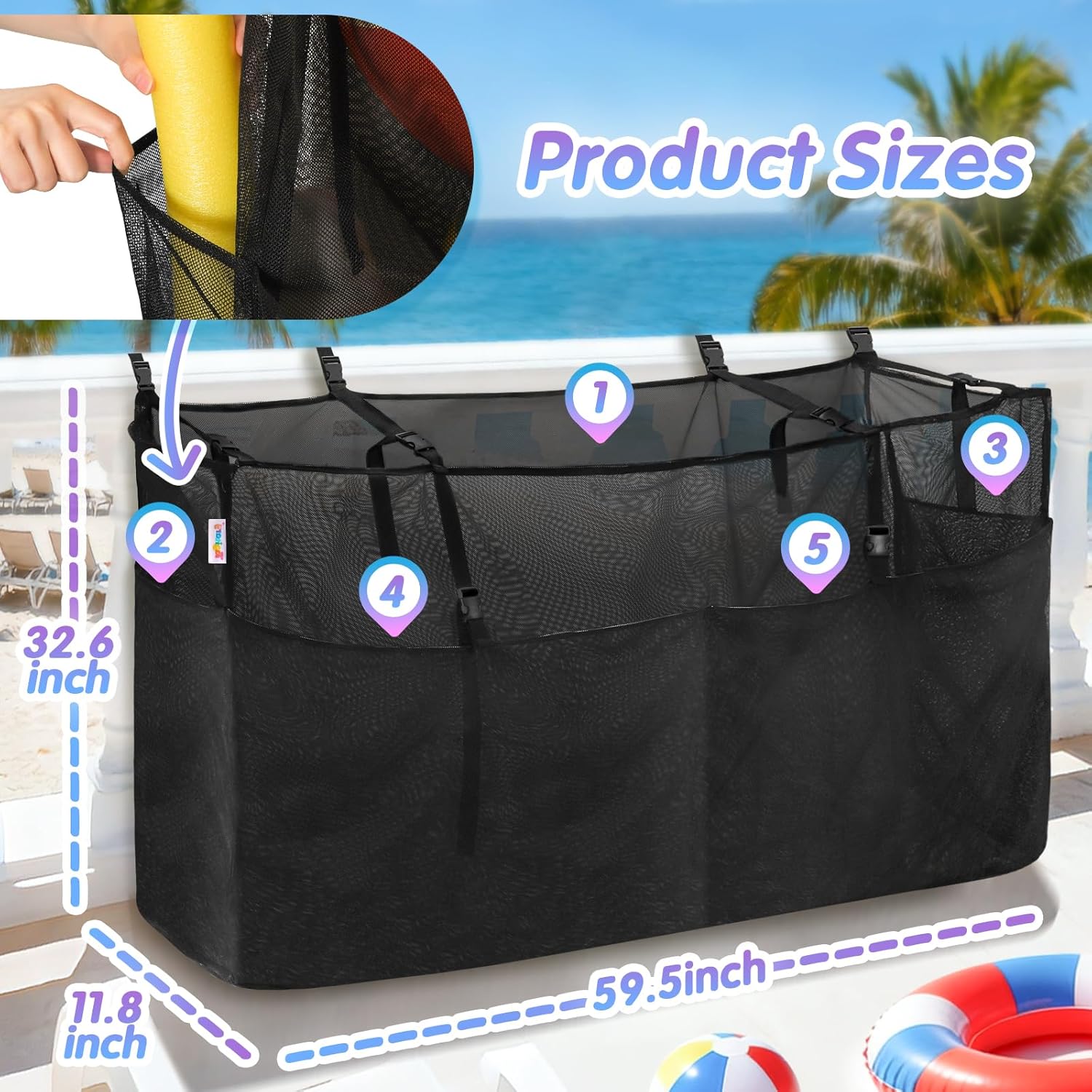 Tagitary Large Storage Bags for Pool Float Noodles Swimming Beach Toys Organizers and Storage Adjustable for Fence Hanging, Outdoor Patio Backyard Camping Moving Bags, Only 1 Pcs Black Mesh Bag