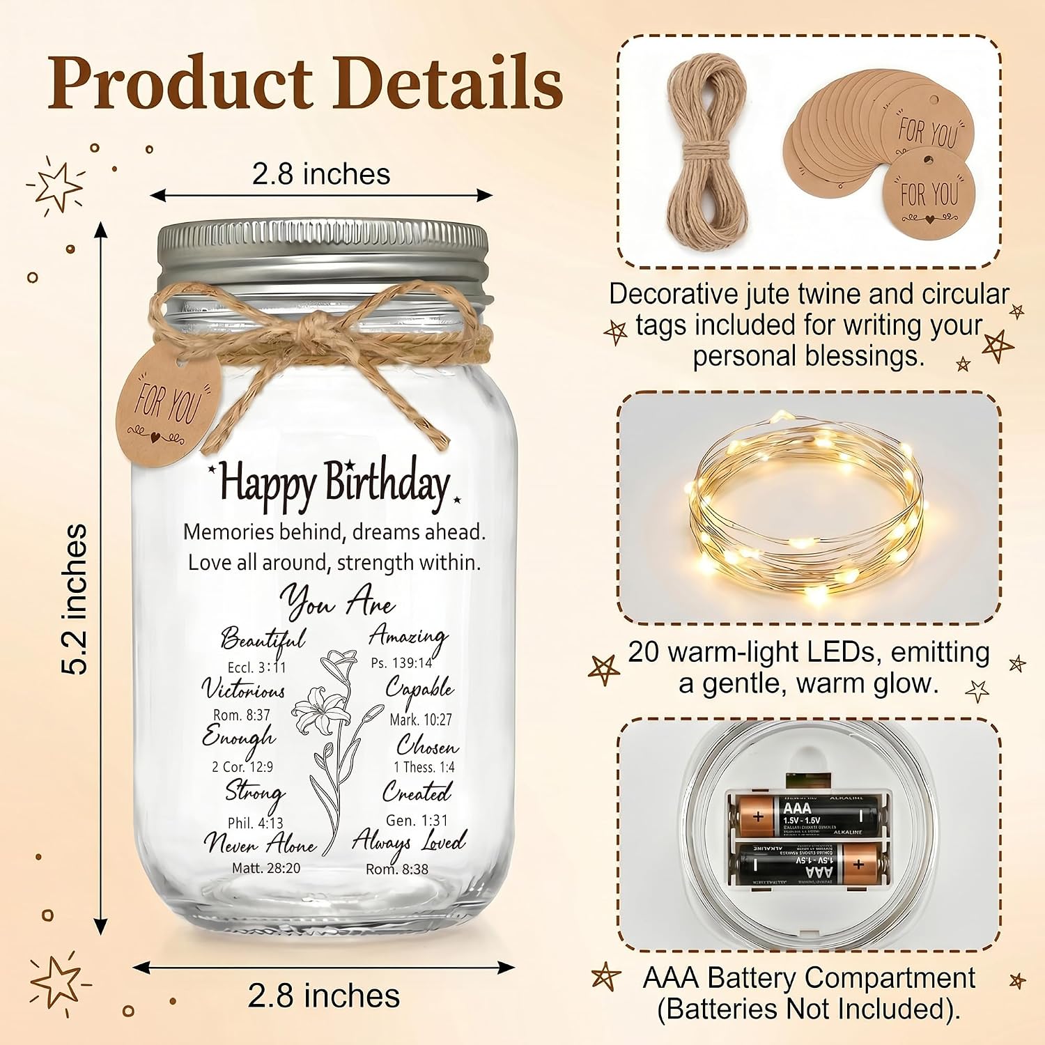 Christian Birthday Gifts for Women, Inspirational Mason Jar Night Light