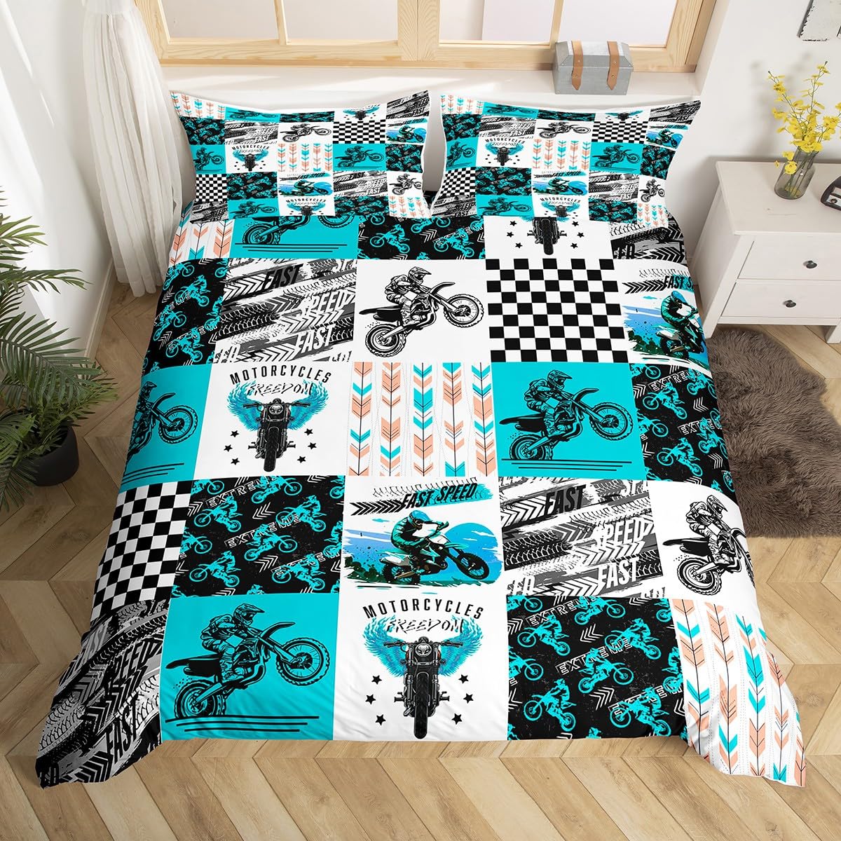 Loussiesd Bambini Dirt Bike Copripiumino 220 x 240 cm, Sport estremi Biancheria da letto Ragazzi Ragazze Corsa Motocross Rider Parure da letto Moto Adolescenti Biancheria da letto Set Decorazione per