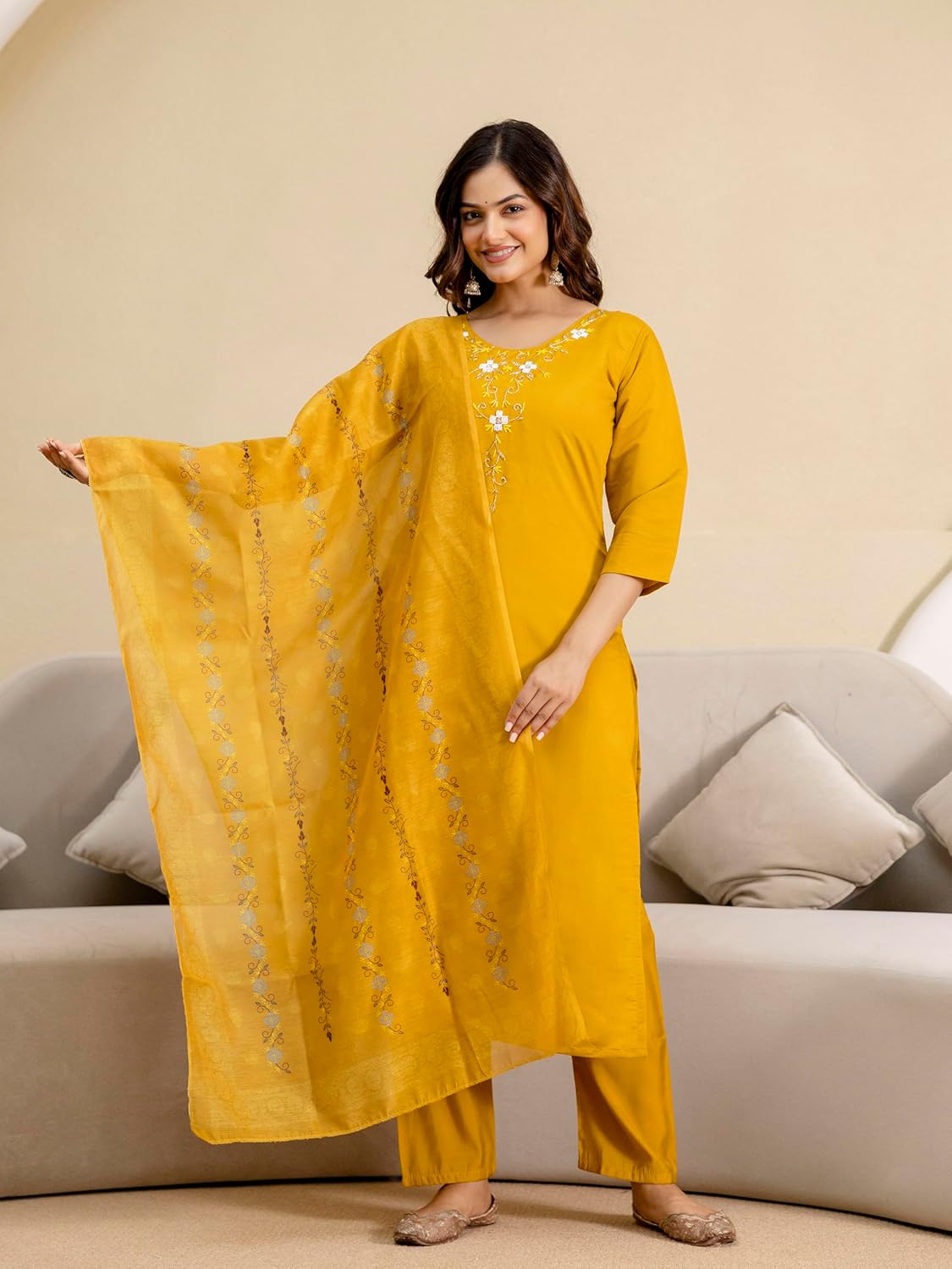 TRENDMALLS Women's Chanderi Embroidery Kurta Pant with Dupatta Set Salwar Suit Set For Women