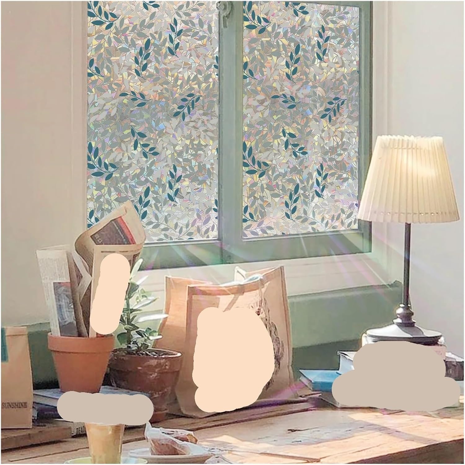 Leaf Window Privacy Film Rainbow Clings 3D Decorative Vinyl Stained Glass Free Static Adsorption PVC Decals for Room(Color7,43x200cmx2rolls)