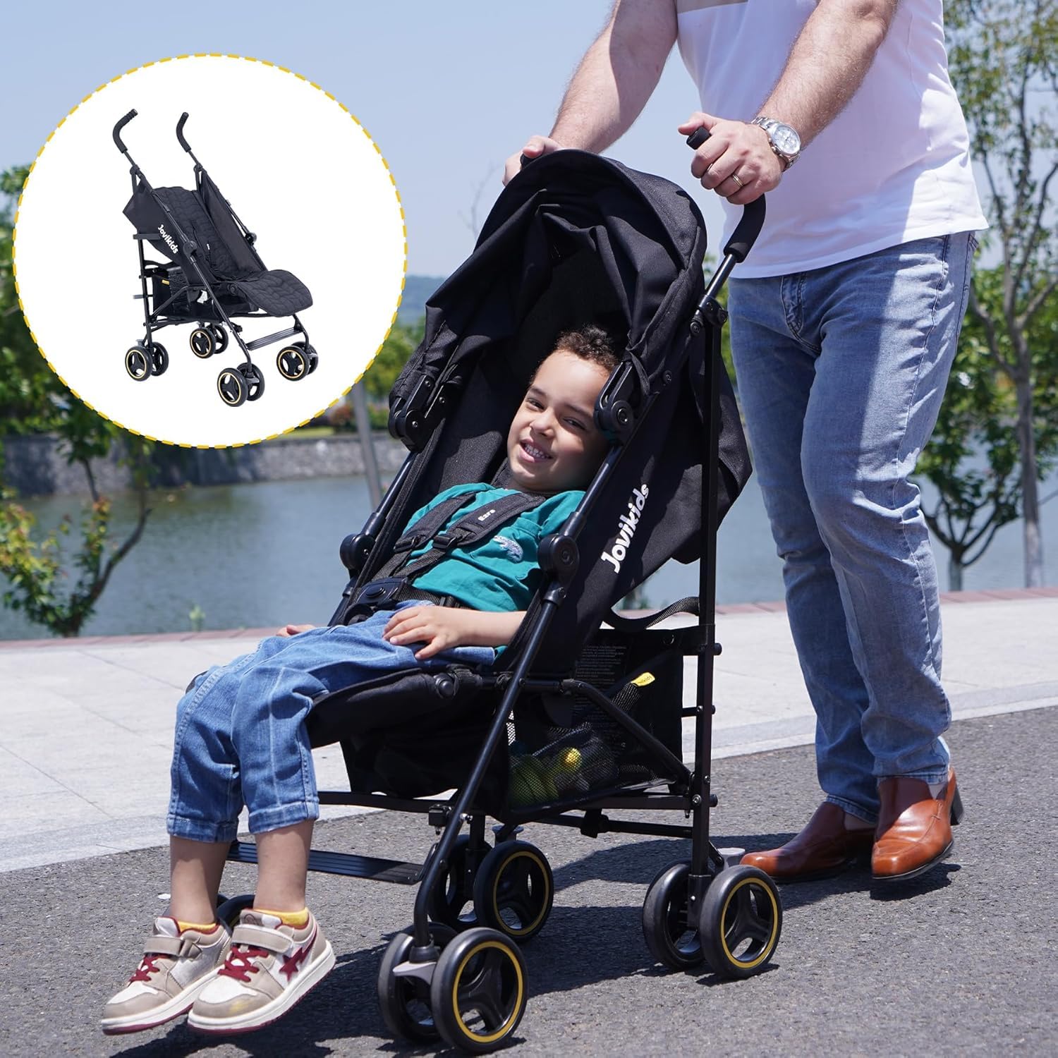 Jovikids Kinderwagen, Buggy Klein Zusammenklappbar mit Liegefunktion, Klappbar Reisebuggy bis 22kg Inkl. Sonnenverdeck, Regenverdeck und Getränkehalter (Grau) (Schwarz)