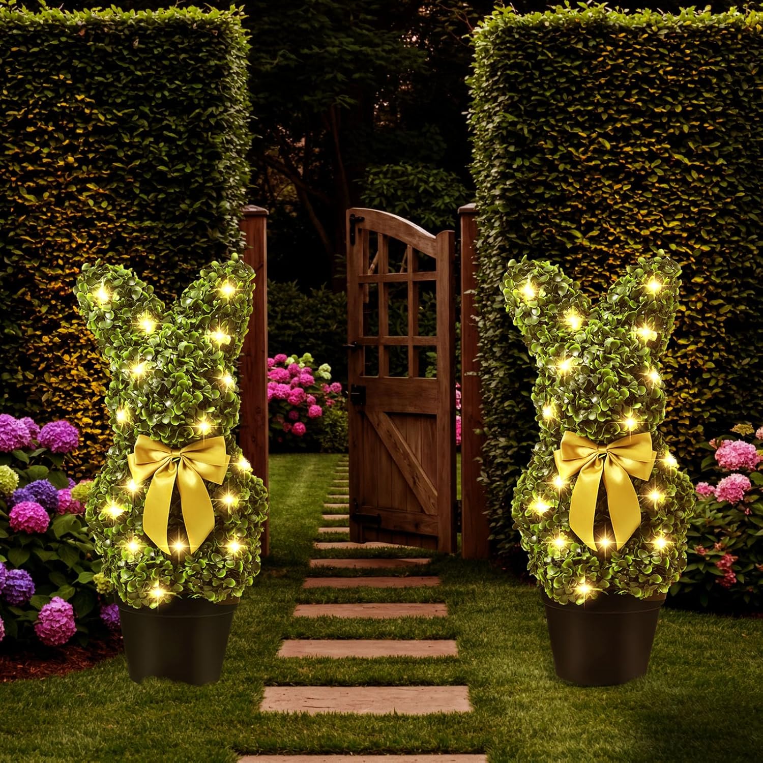 Yunlly 2 Pcs Artificial Bunny Topiary Tree 24'' UV Resistant Spring Easter Artificial Bunny Shaped Boxwood Topiary Plant with Lights Faux Easter Rabbit Trees for Porch Front Door Indoor Outdoor Decor