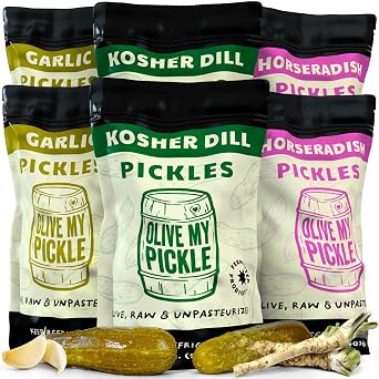 Olive My Pickle Fermented Pickles Variety Pack - 192 oz | 6-Pack Bundle of Kosher Dill Pickles, Garlic Dill Pickles, Horseradish Pickles & Brine with Digestive Enzymes for Gut Health - 32 oz per bag