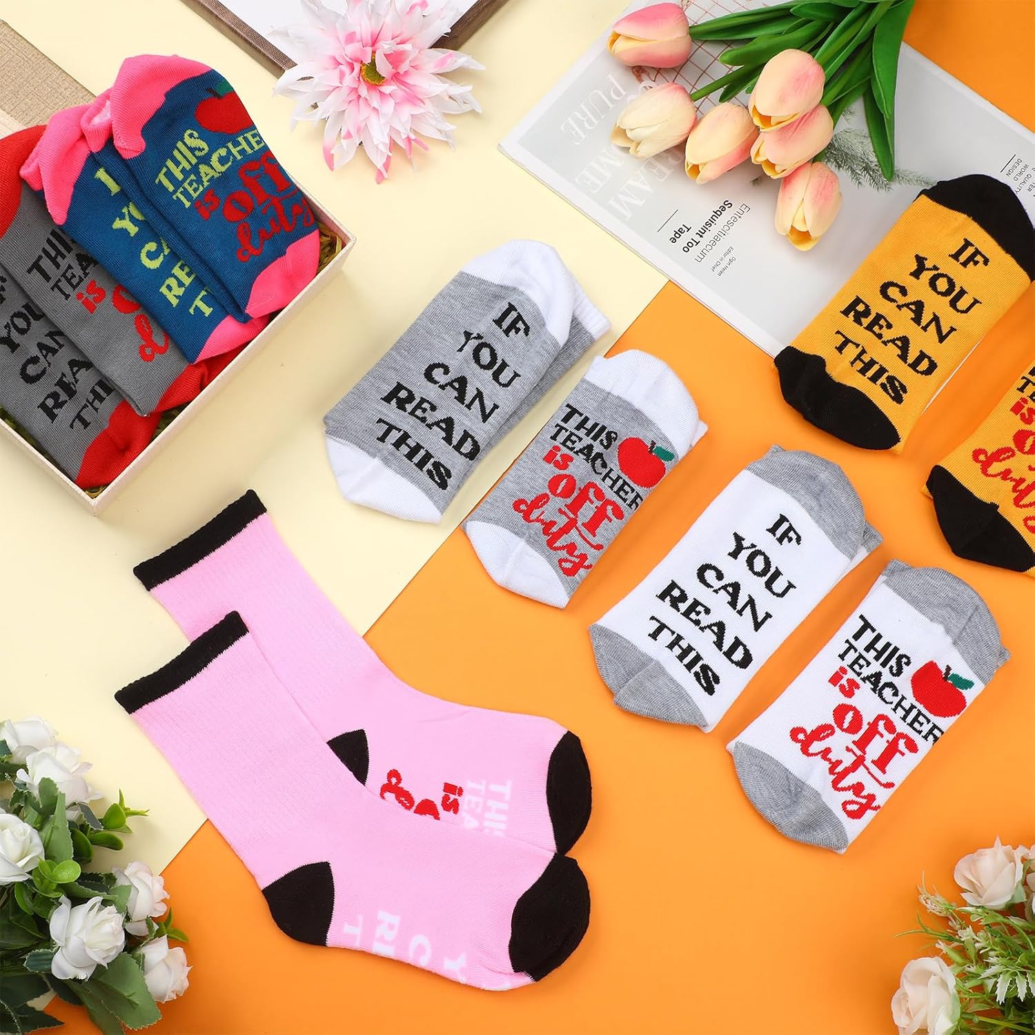 Jeyiour 24 Pair Teacher Socks for Women Men Novelty Crew Socks Teacher Appreciation Gifts for Graduation Back to School Party