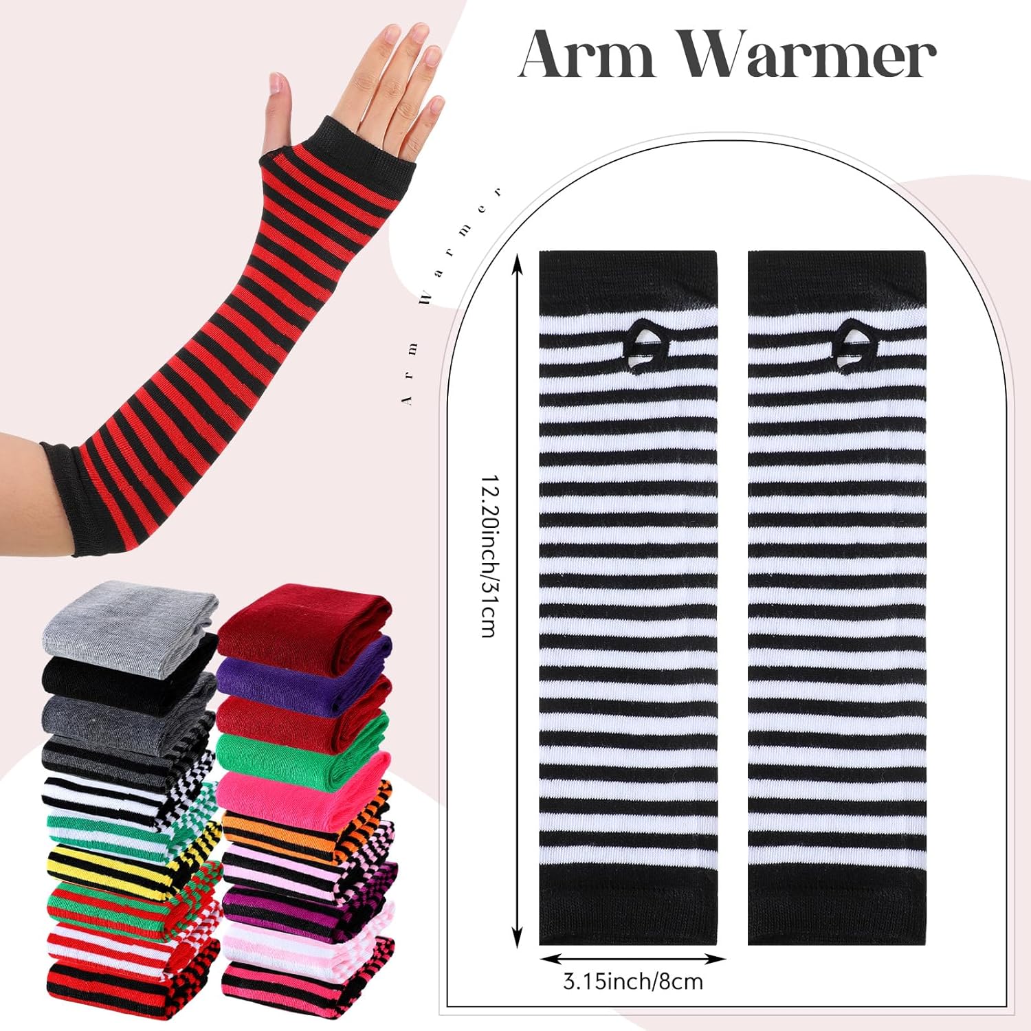 Syhood 20 Pairs Striped Arm Warmers Long Fingerless Winter Gloves Knitted Elbow Length Women arm Sleeves with Thumb Hole for Costume (20 Colors) - Image 2